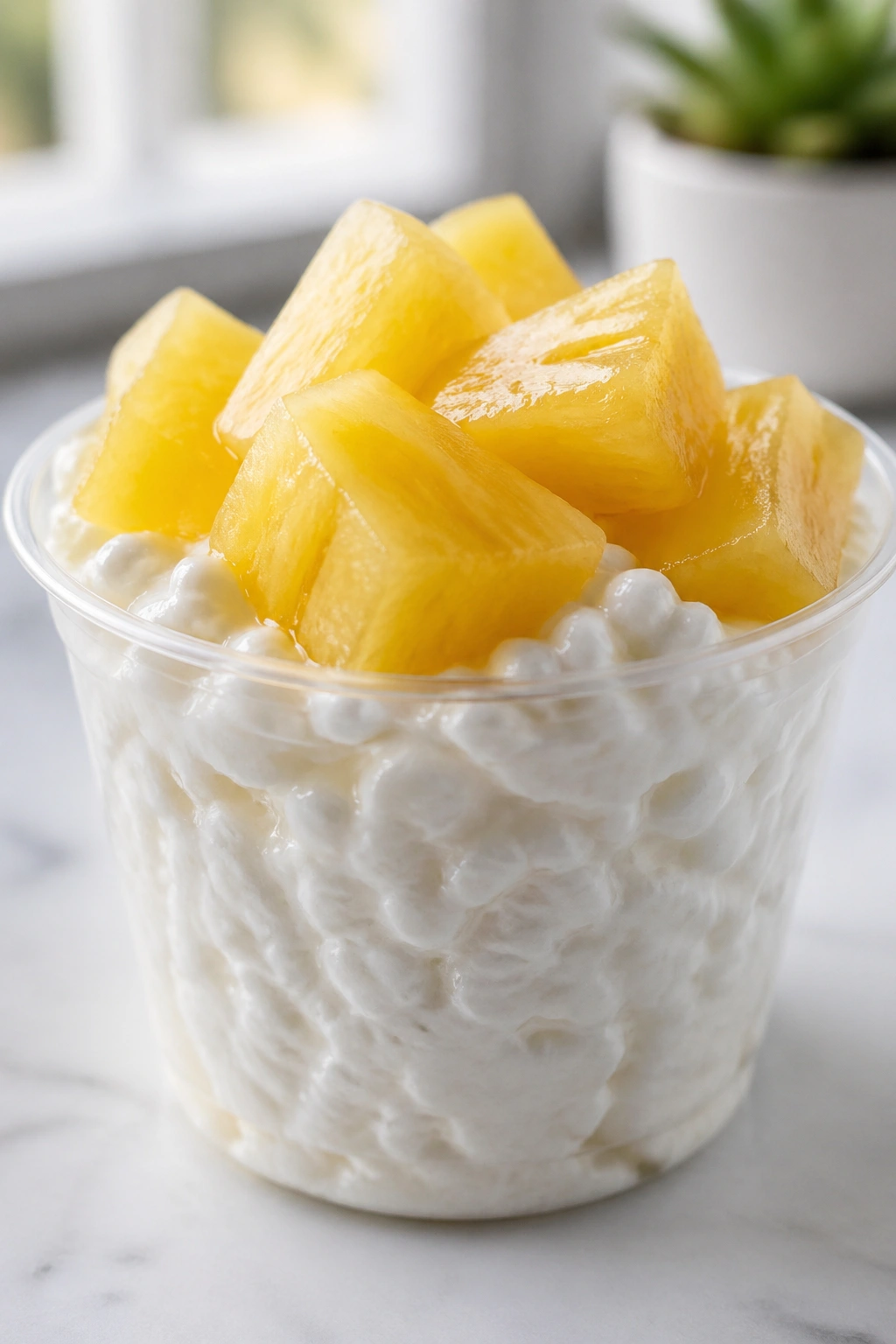 Close-up of cottage cheese with pineapple chunks on a kitchen counter