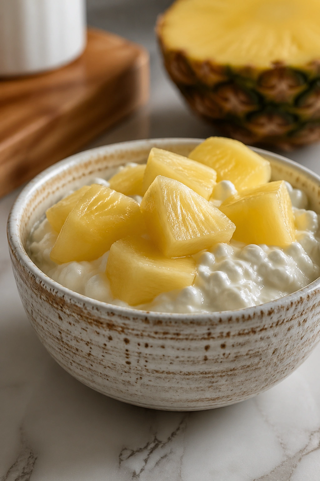 Cottage cheese with pineapple in a bowl on a kitchen counter