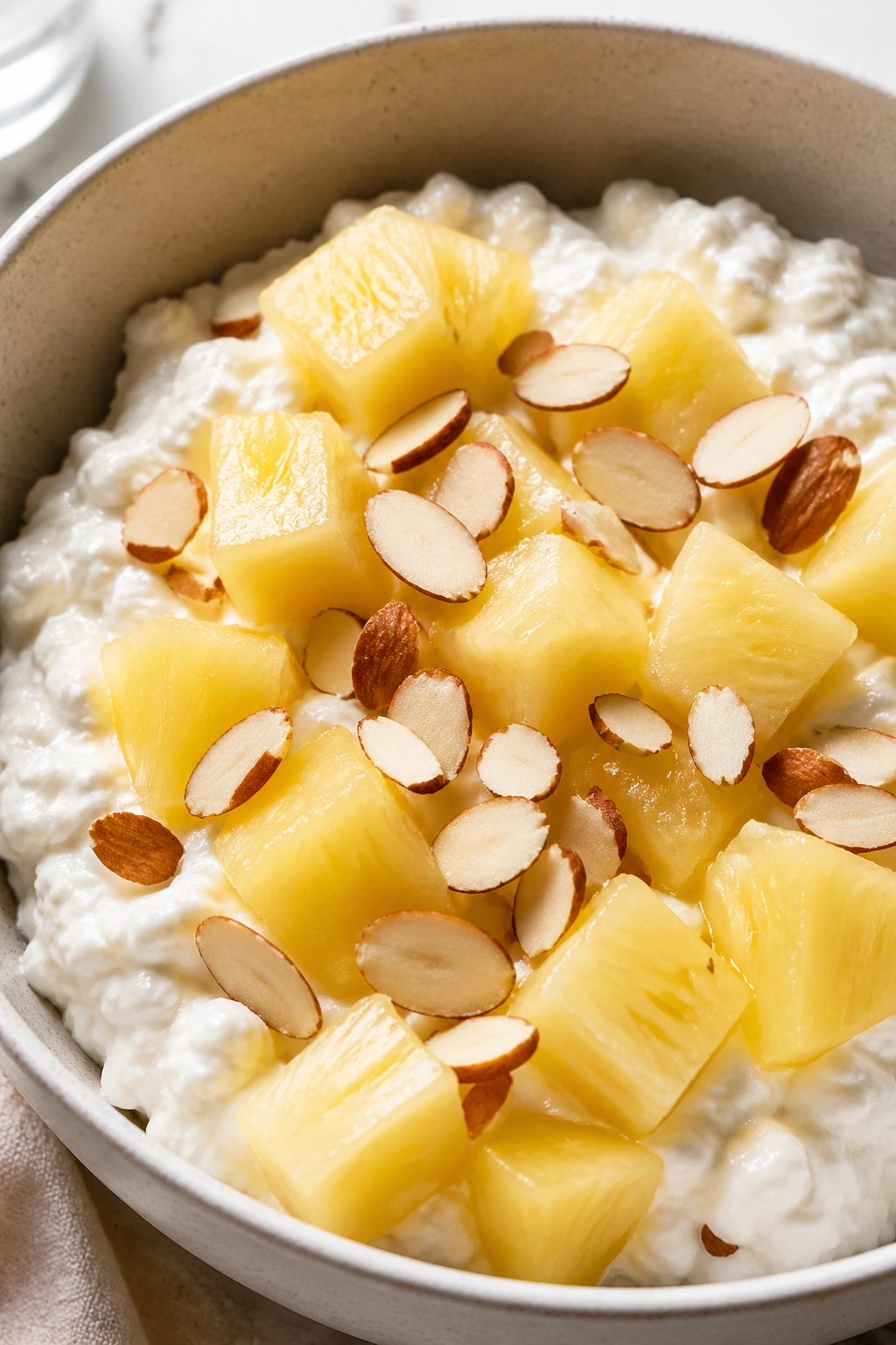 Cottage cheese bowl with pineapple and almonds on a breakfast table