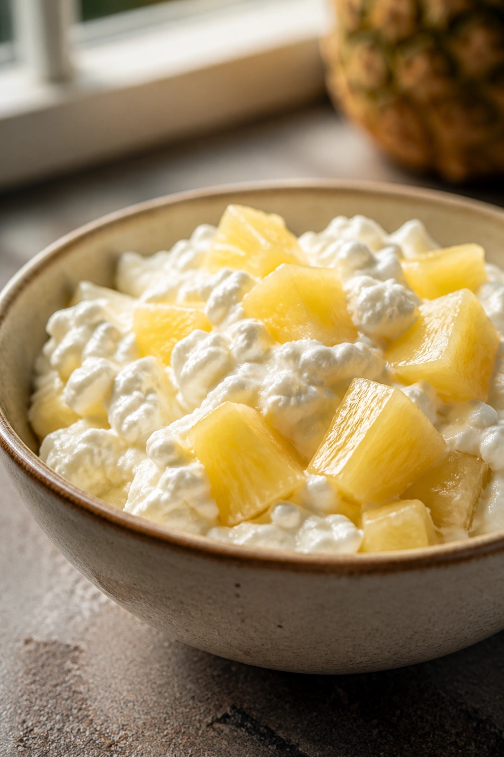 Close-up of cottage cheese with pineapple chunks in a bowl on a kitchen counter