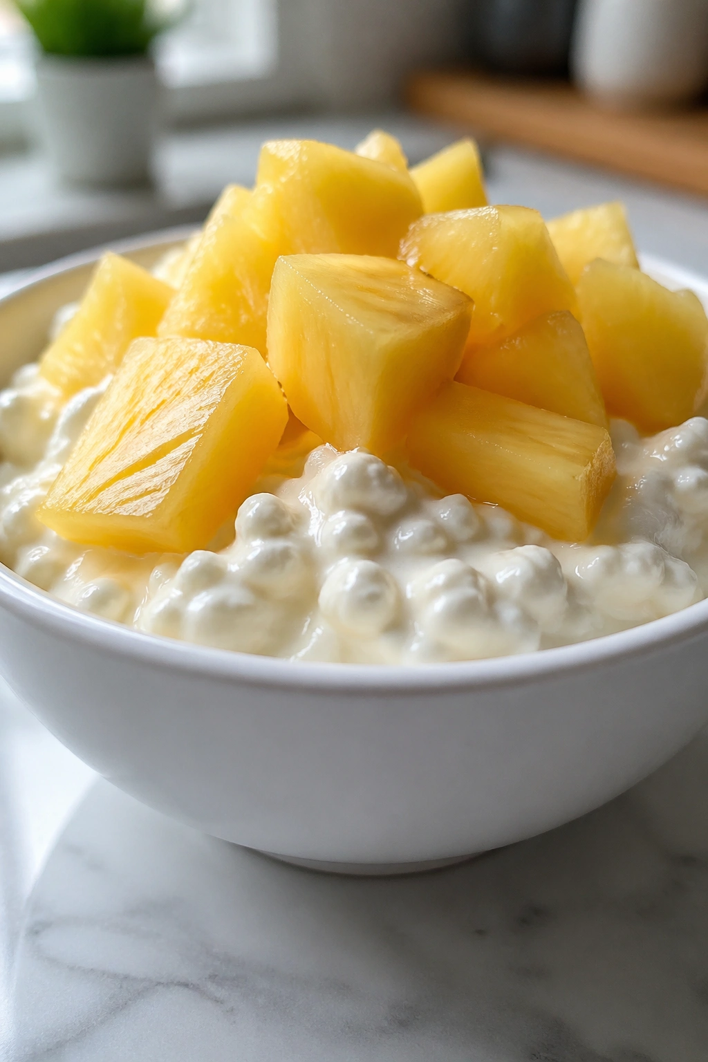 Close-up of cottage cheese with pineapple chunks in a bowl