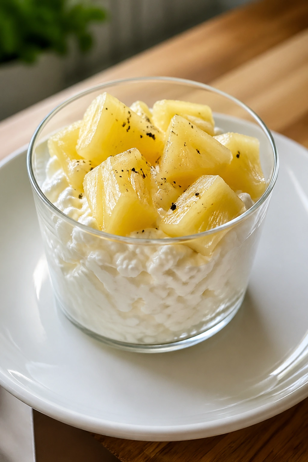 Cottage cheese cup with pineapple pieces on a plate