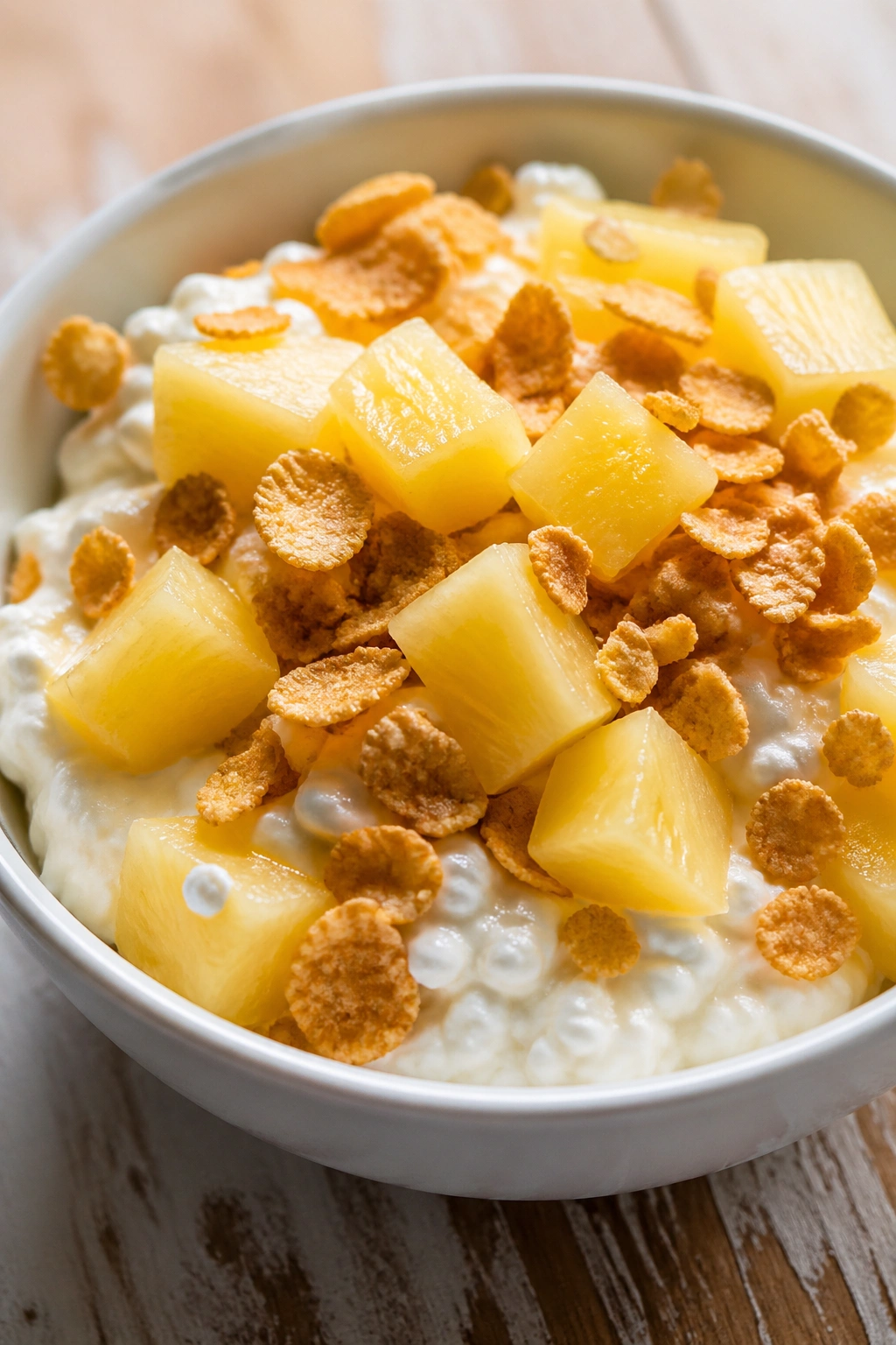 Bowl of cottage cheese with pineapple chunks and crunchy cereal in bright light