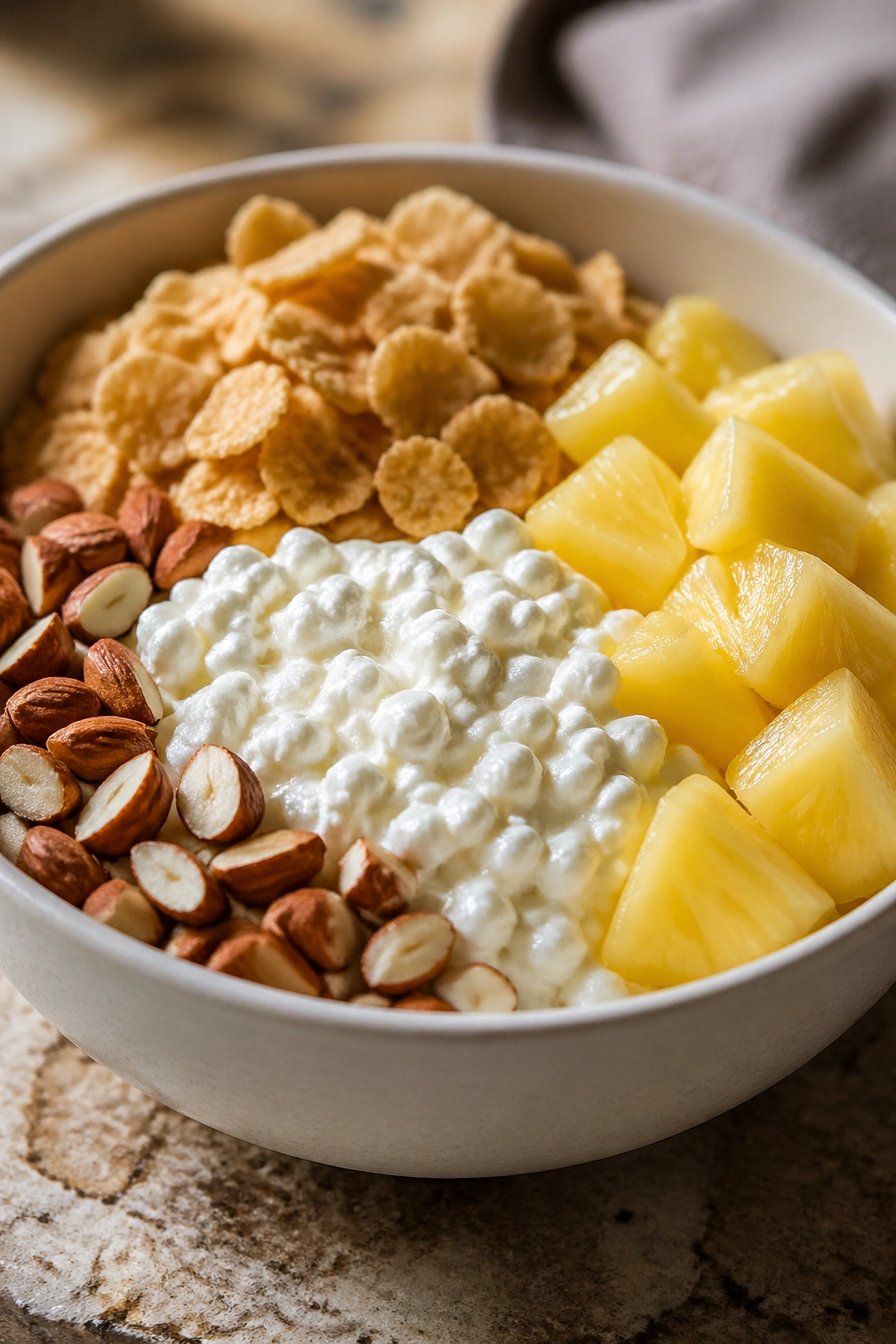 Close-up bowl of cottage cheese with pineapple, cereal, and almonds