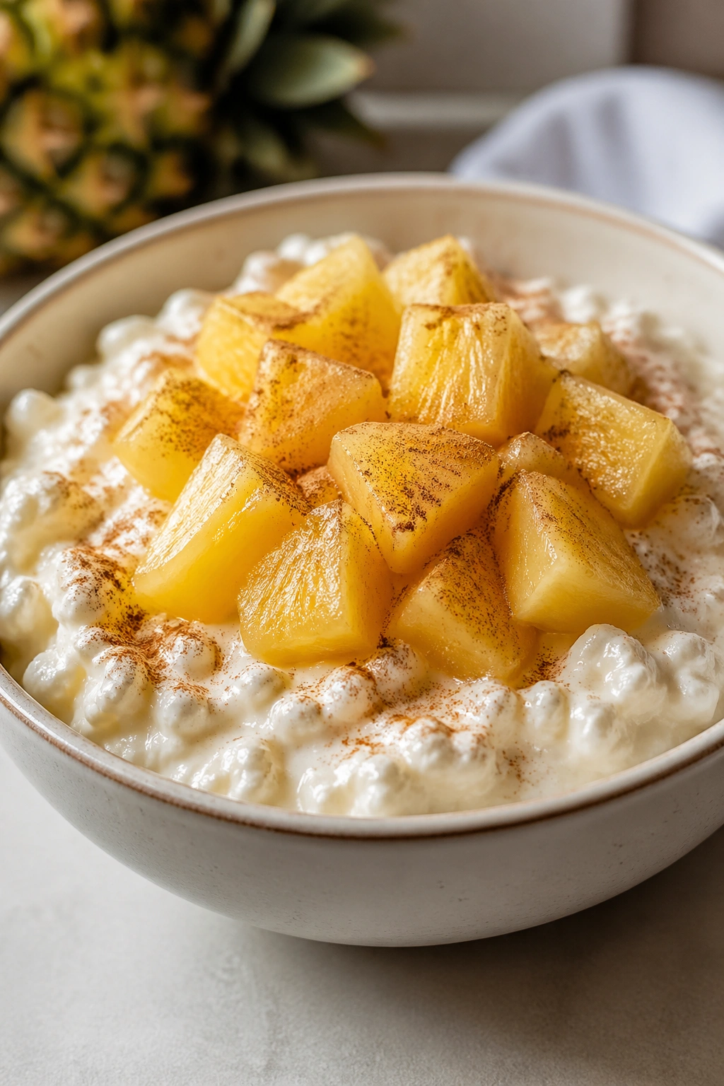 Close-up of cottage cheese with pineapple and cinnamon in bright kitchen