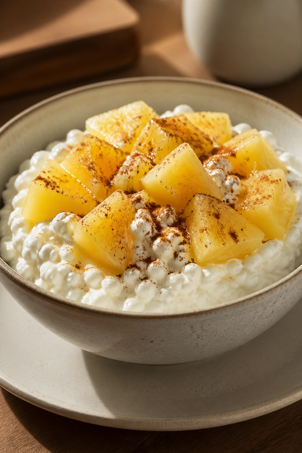 Close-up of cottage cheese with pineapple and cinnamon.