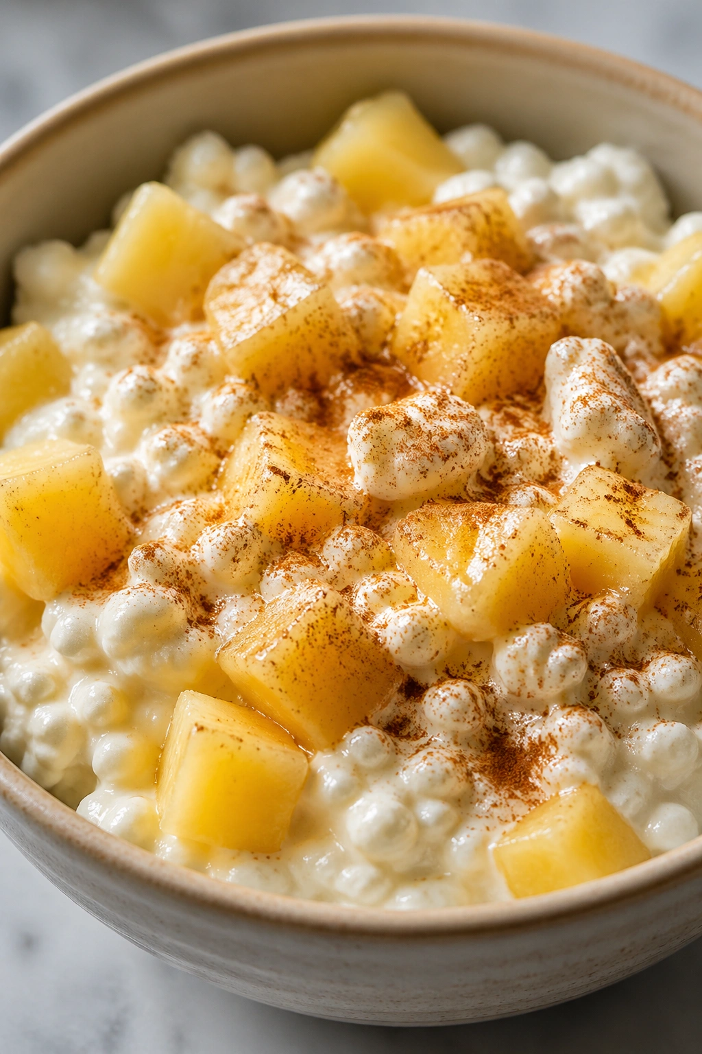 Close-up bowl of cottage cheese with pineapple chunks and cinnamon