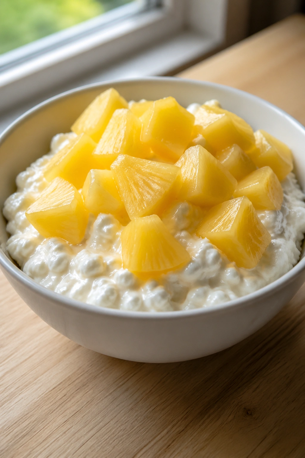 Cottage cheese with pineapple in a bowl on a wooden counter