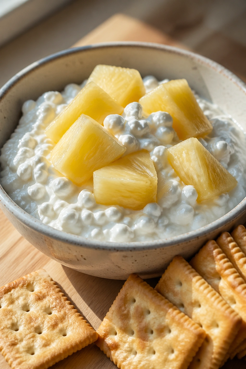 Close-up of creamy cottage cheese with pineapple chunks and plain crackers on a light wooden counter.