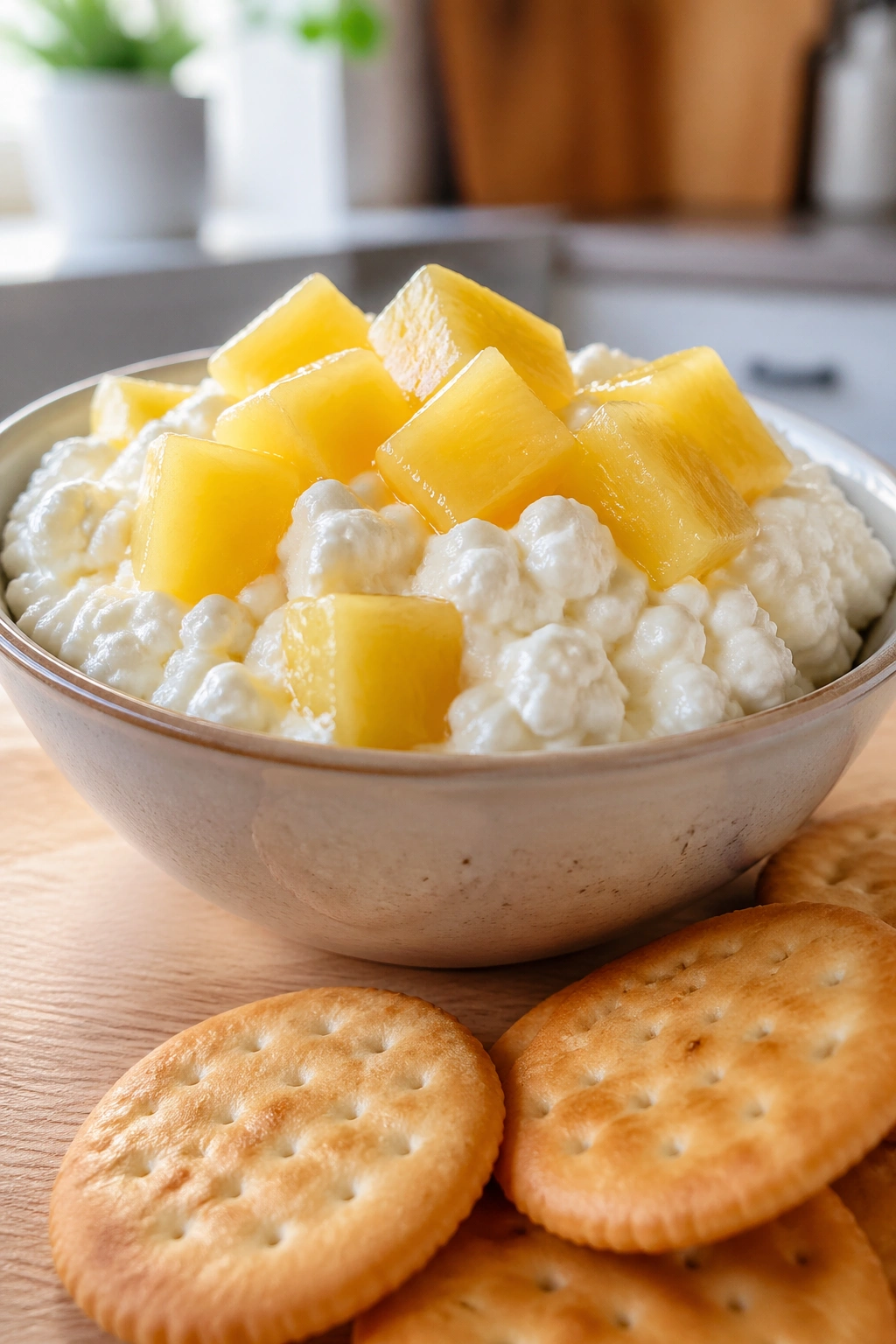 Close-up bowl of cottage cheese with pineapple and crackers