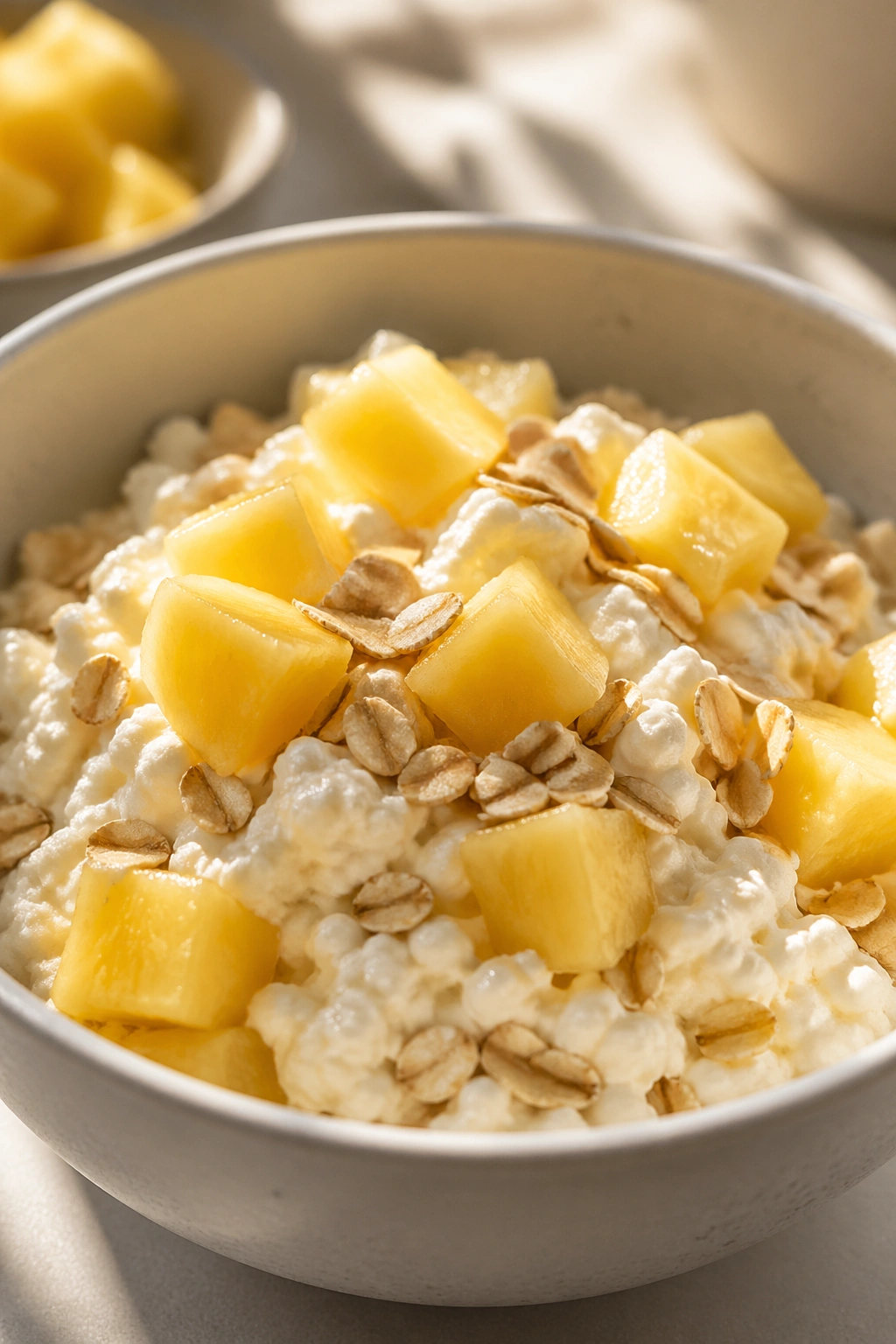 Close-up of cottage cheese with pineapple and oats in a bowl
