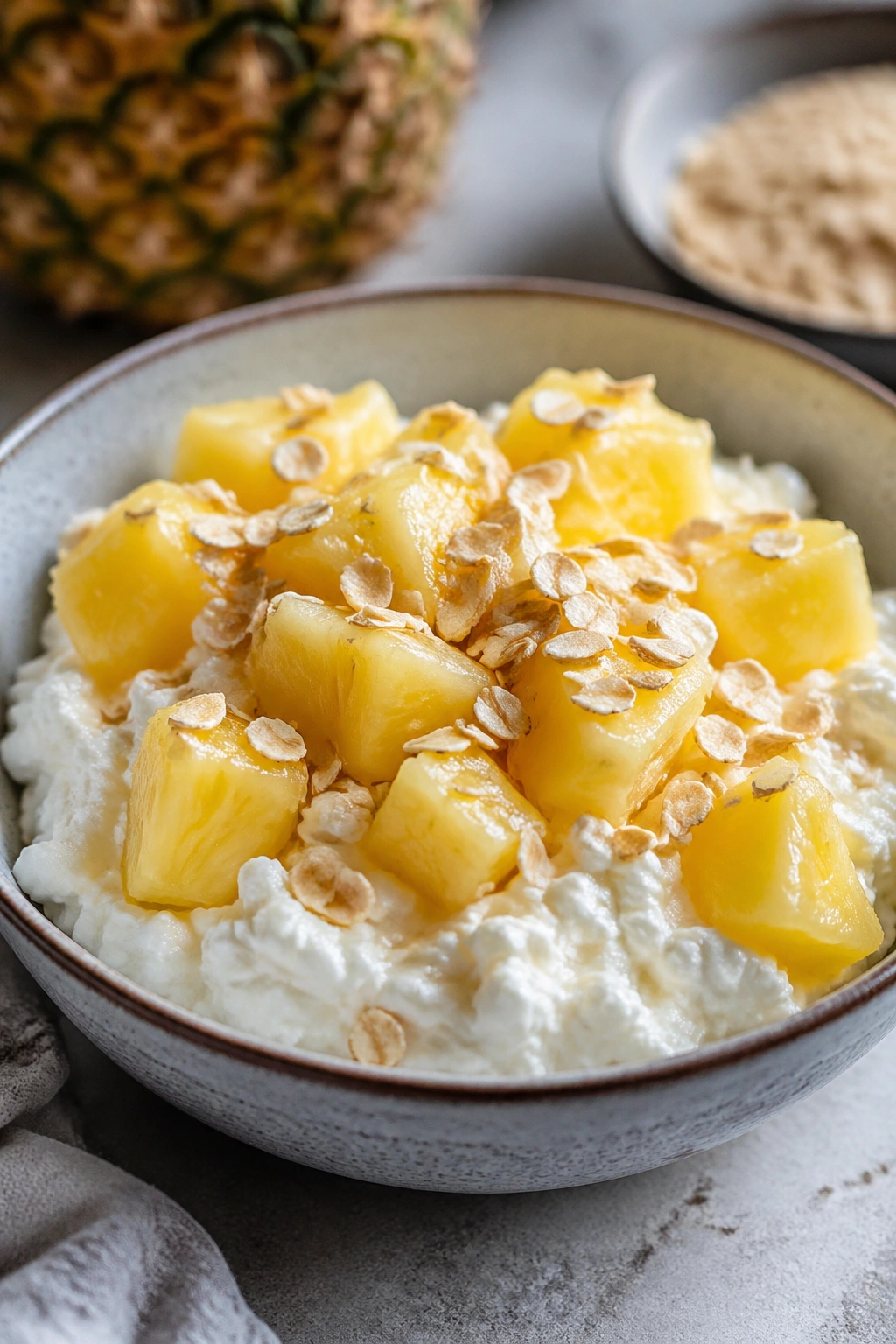 Cottage cheese with pineapple and oats in a bowl