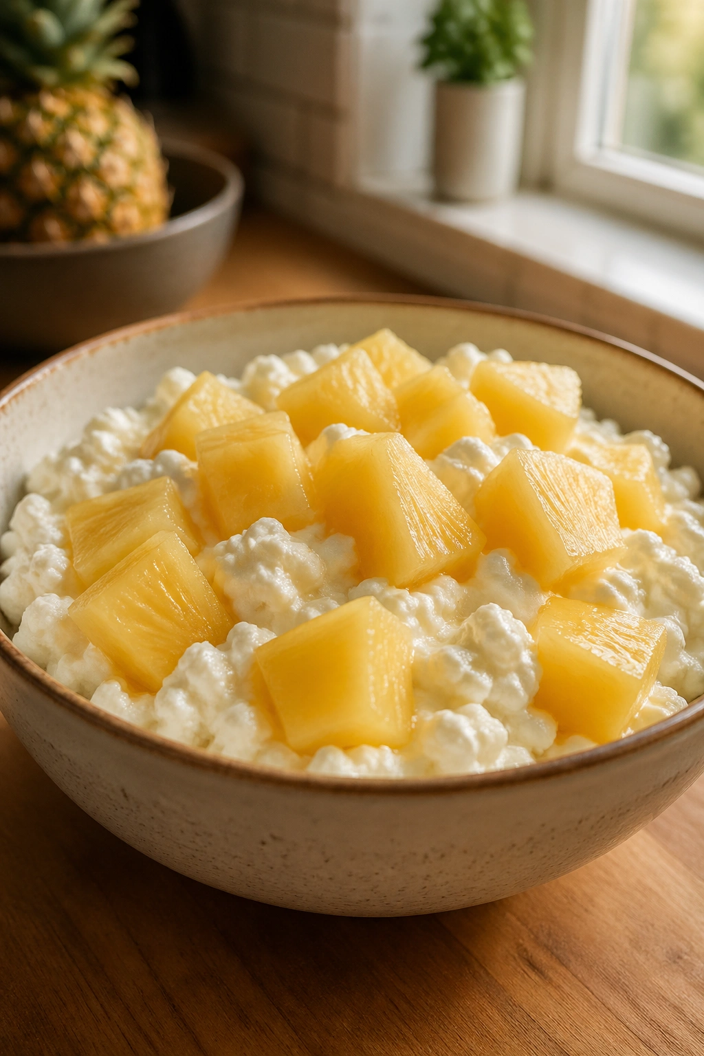 Close-up of cottage cheese with pineapple chunks in a bowl on a wooden kitchen counter