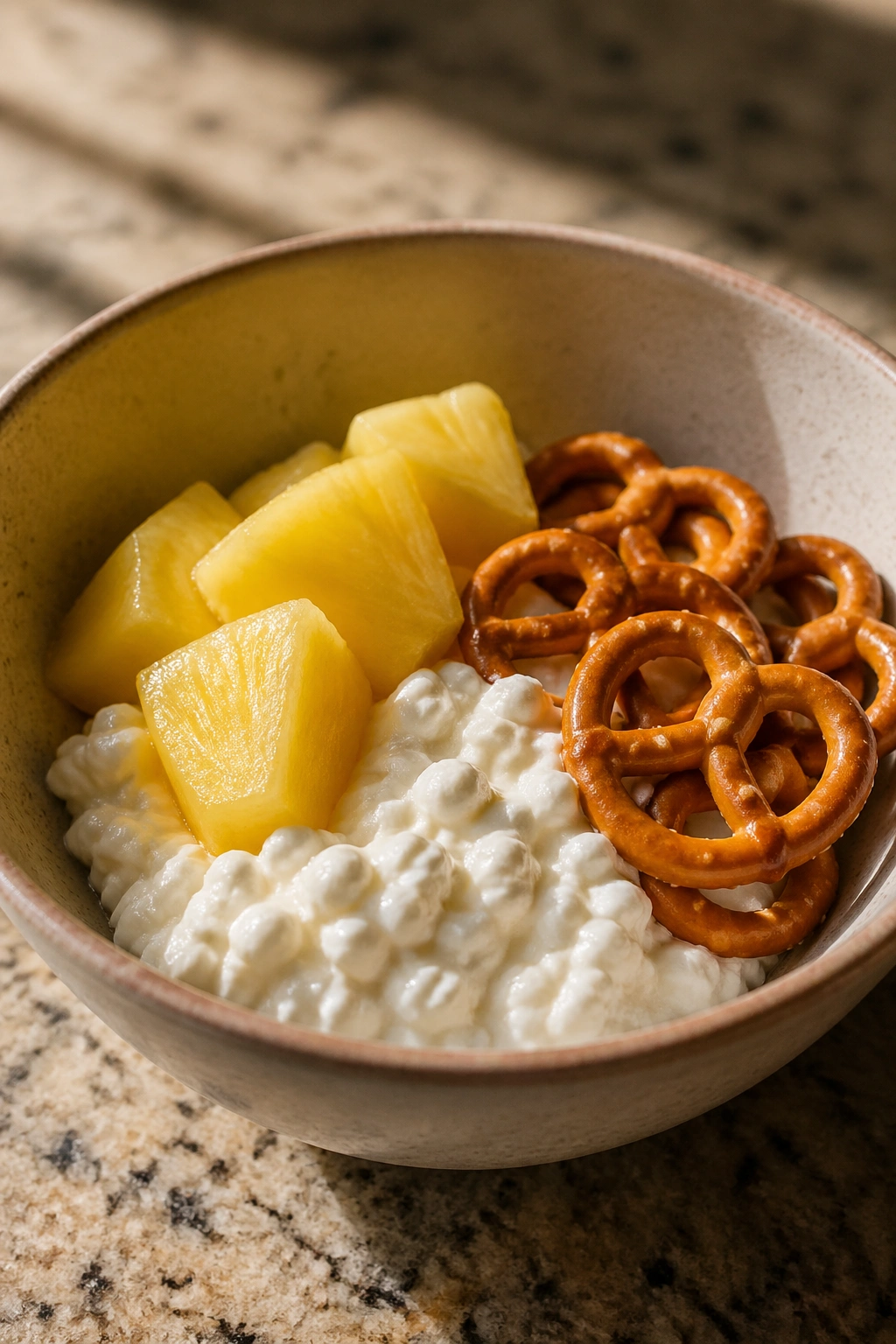 Close-up of cottage cheese with pineapple chunks and pretzels on a kitchen counter