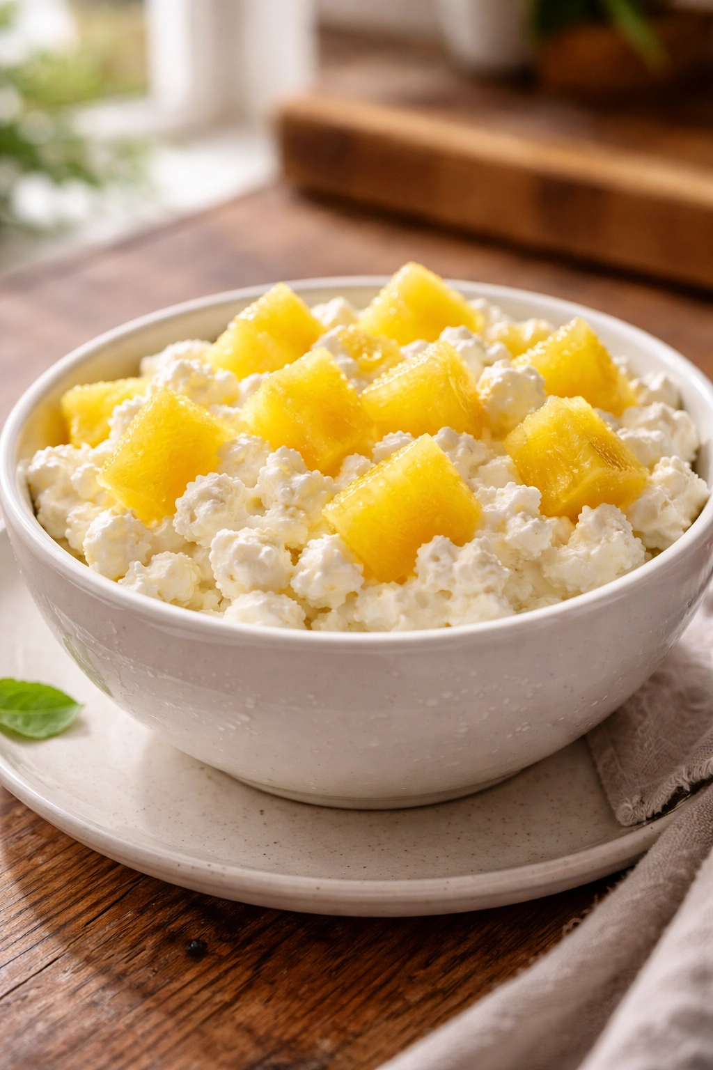 Close-up of cottage cheese with pineapple in a bowl