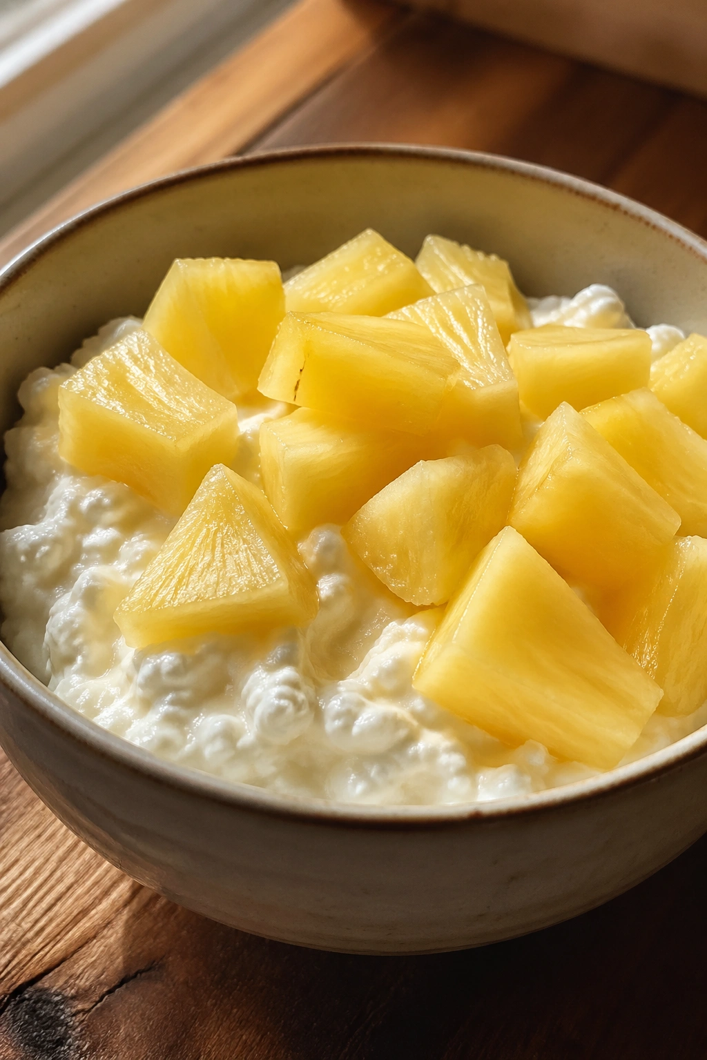 Close-up of cottage cheese with pineapple in a bowl, high-protein pre-workout snack.