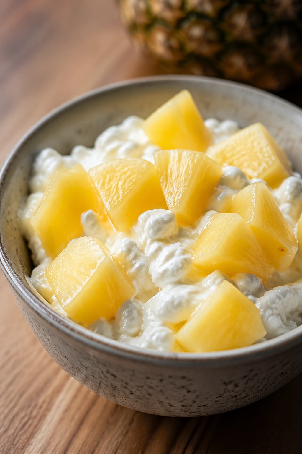 Close-up of cottage cheese with pineapple chunks in a bowl on a wooden table.