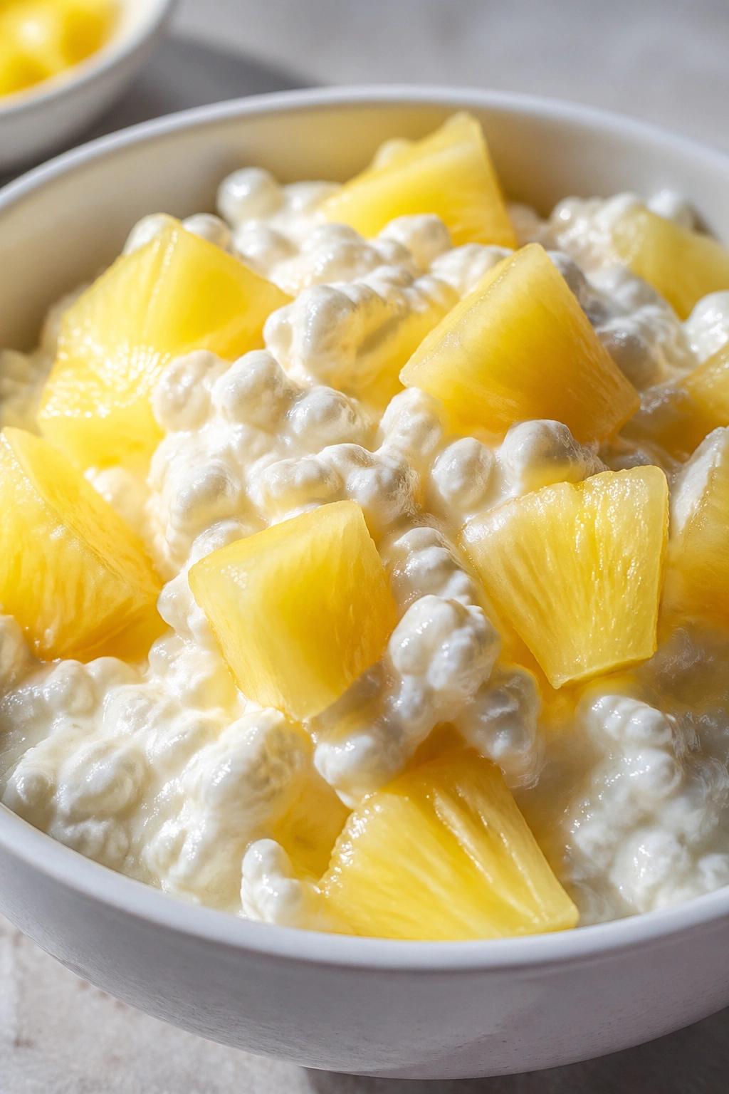 Close-up of cottage cheese with pineapple in a bowl