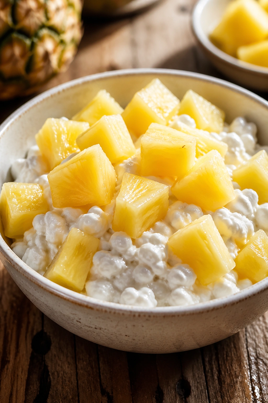 Close-up of cottage cheese with pineapple chunks in a bowl, post-workout snack