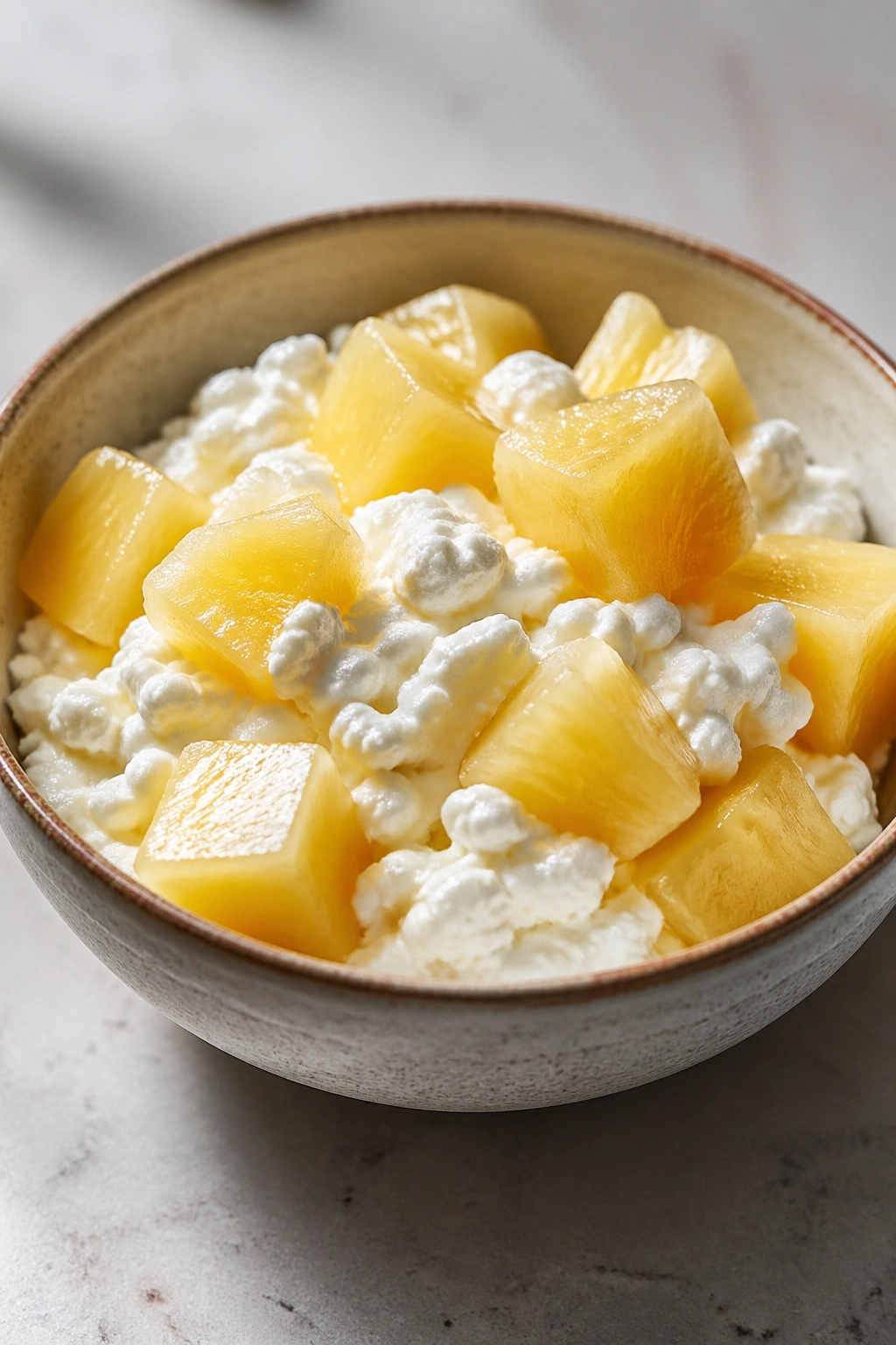 Cottage cheese with pineapple chunks in a bowl