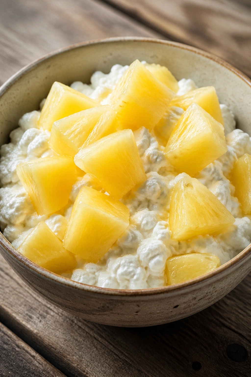 Close-up of cottage cheese with pineapple chunks on a rustic wooden table