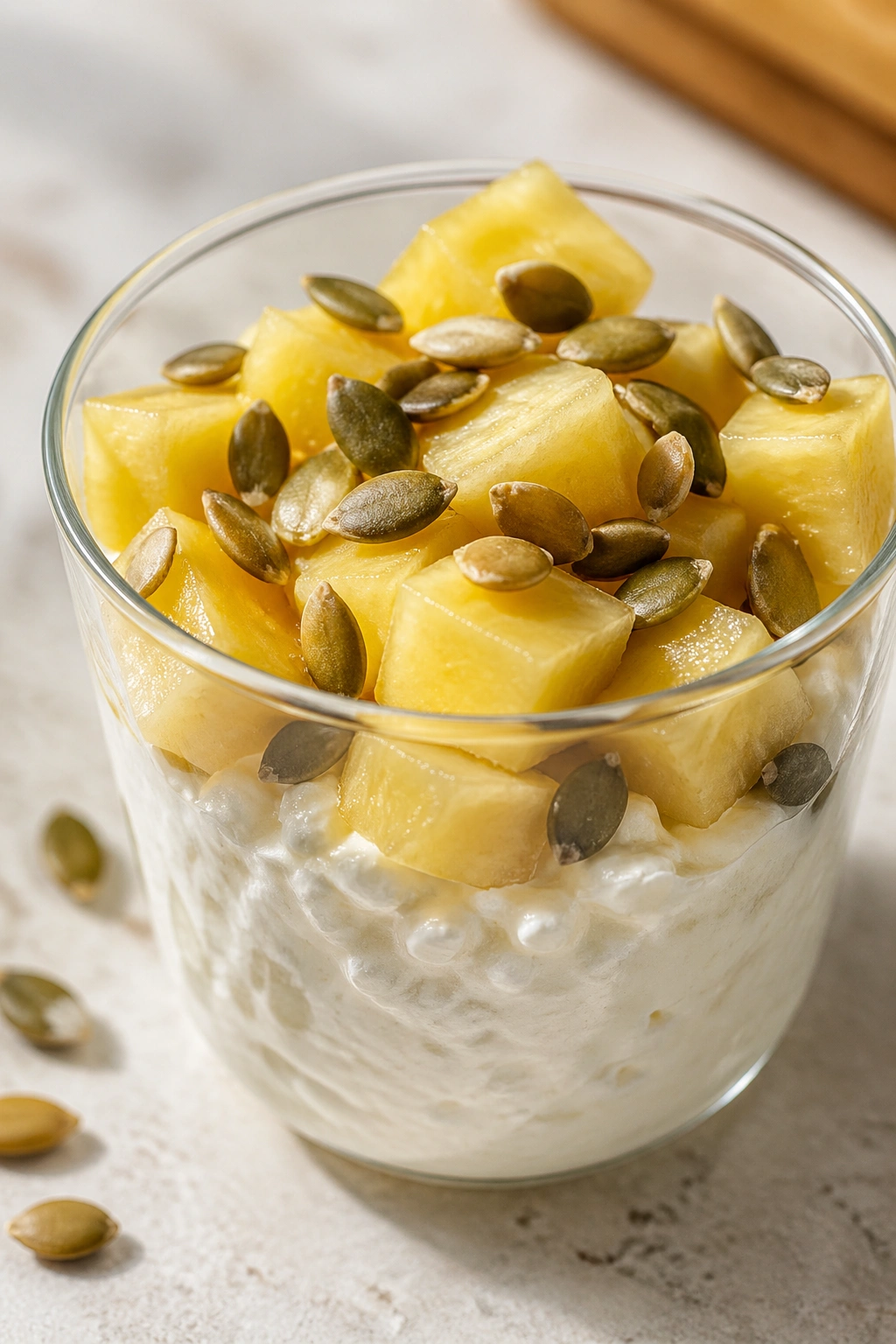 Close-up of cottage cheese with pineapple and pumpkin seeds in a cup