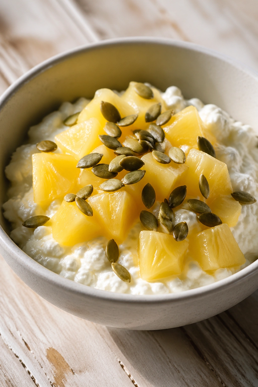 Close-up cottage cheese with pineapple and pumpkin seeds
