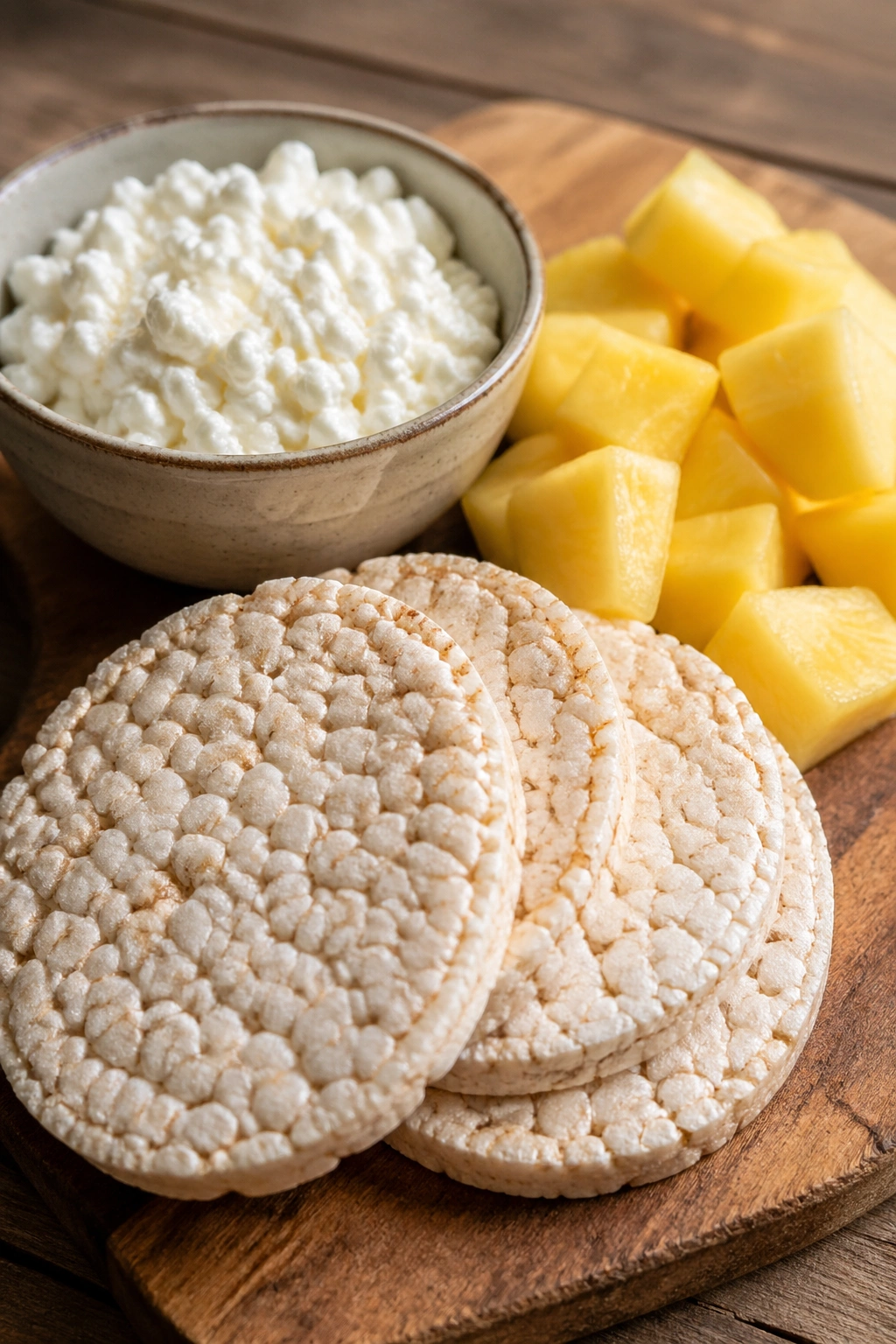 Close-up of cottage cheese with pineapple and rice cakes on a wooden board