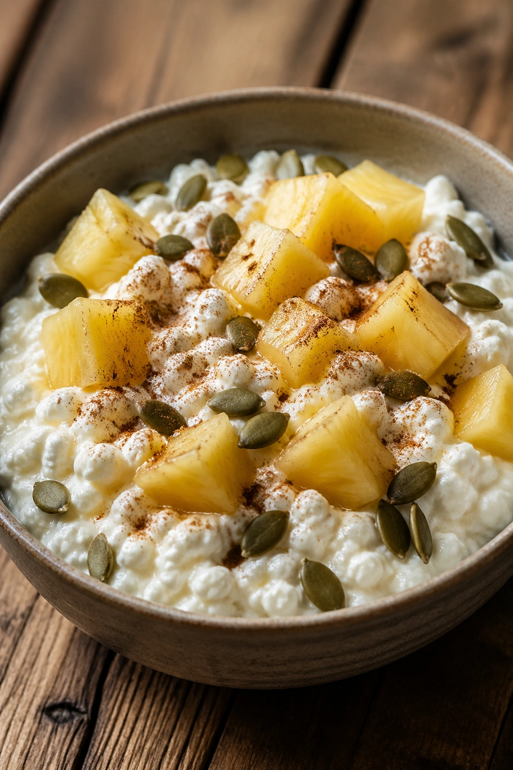 Close-up of cottage cheese with pineapple seeds and cinnamon