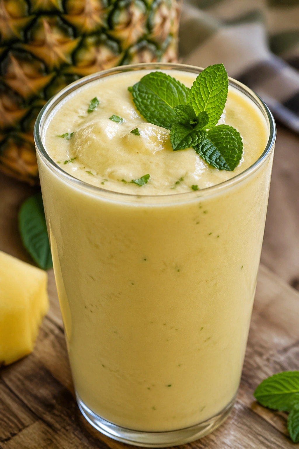 Close-up of Cottage Cheese Pineapple Mint Smoothie in glass on a rustic counter with mint garnish.