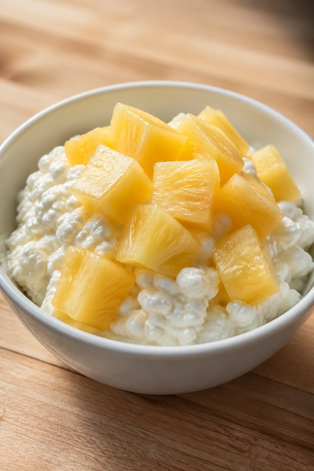 Cottage cheese with pineapple chunks in a bowl