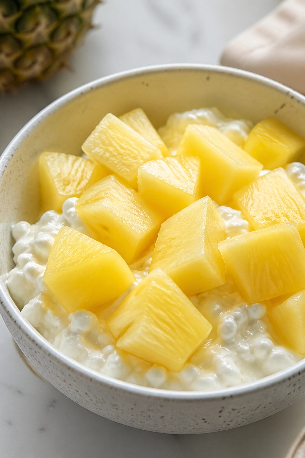 Close-up bowl of cottage cheese with pineapple chunks