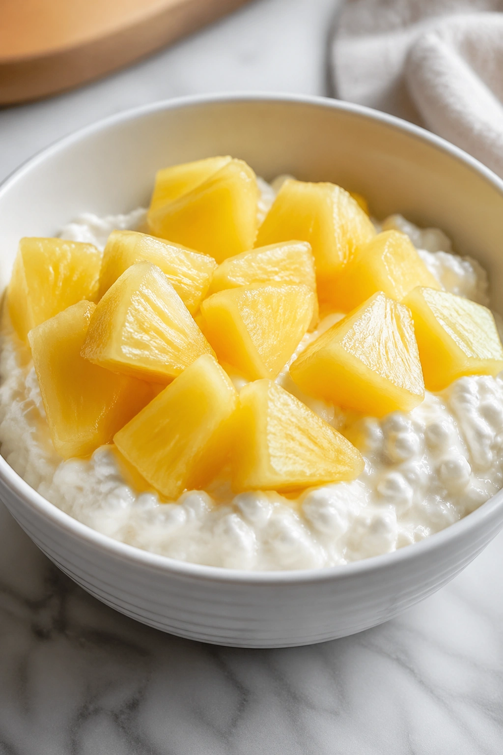 Bowl of cottage cheese with pineapple chunks on a bright counter