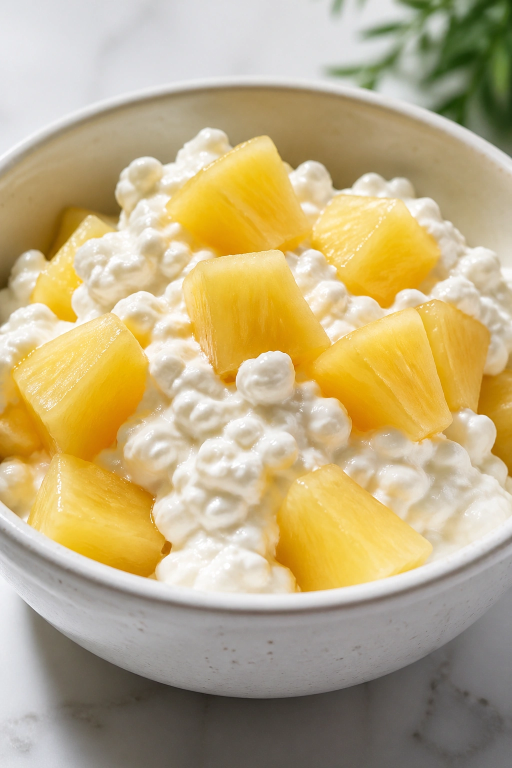 Close-up of cottage cheese with pineapple chunks in a bowl