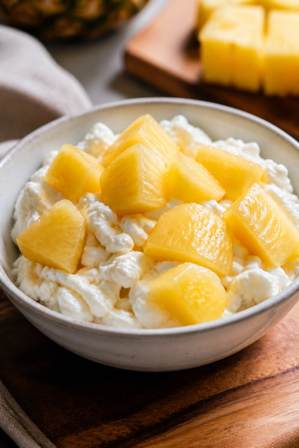 Close-up of cottage cheese with pineapple chunks in a small bowl on a wooden kitchen counter