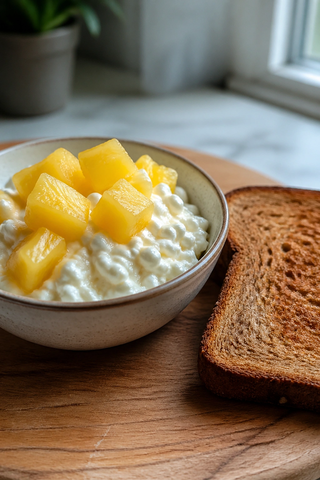 Close-up of cottage cheese with pineapple and toast on a plate