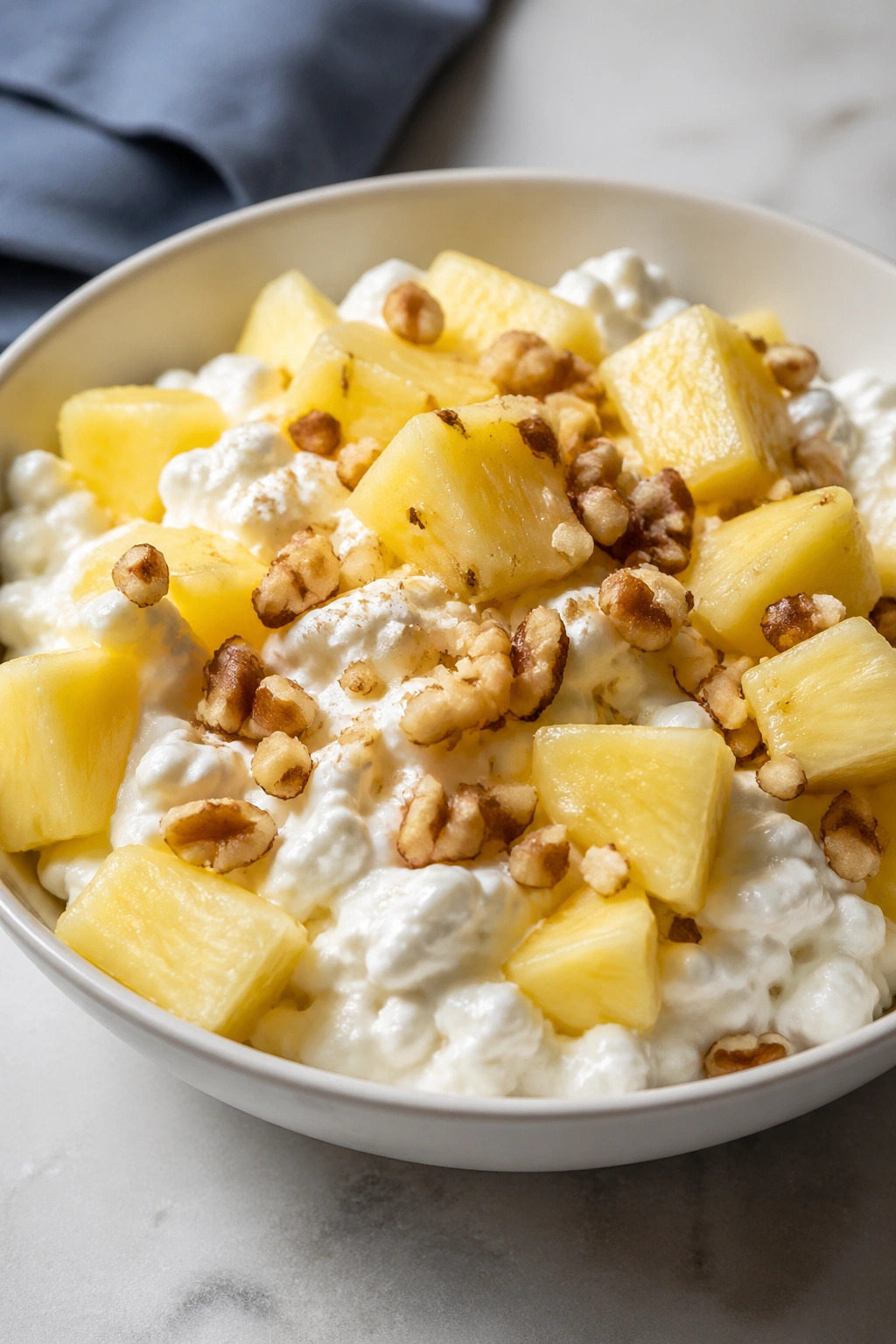 Cottage cheese with pineapple and walnuts in a bowl
