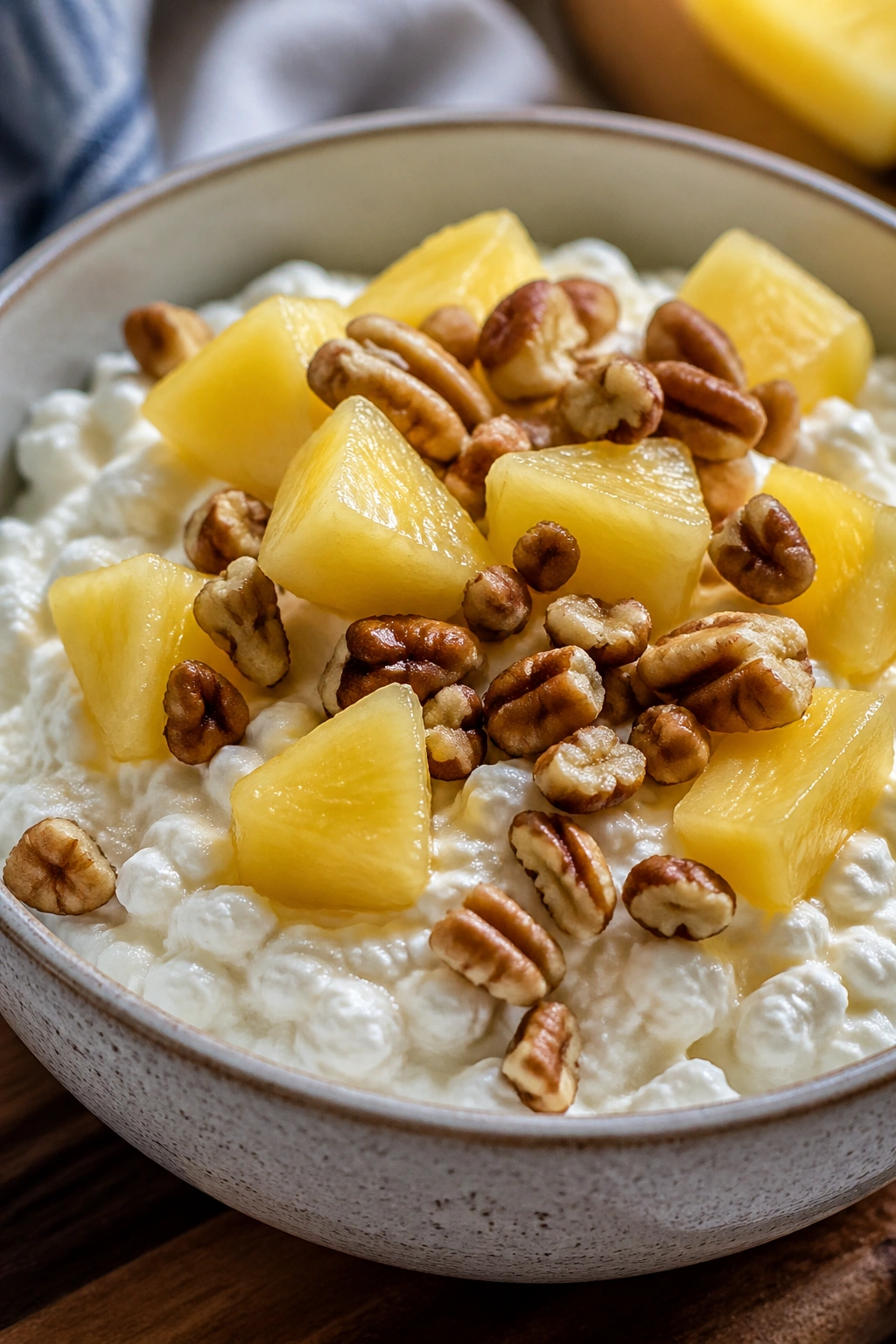 Close-up of cottage cheese with pineapple chunks and walnuts on a kitchen counter