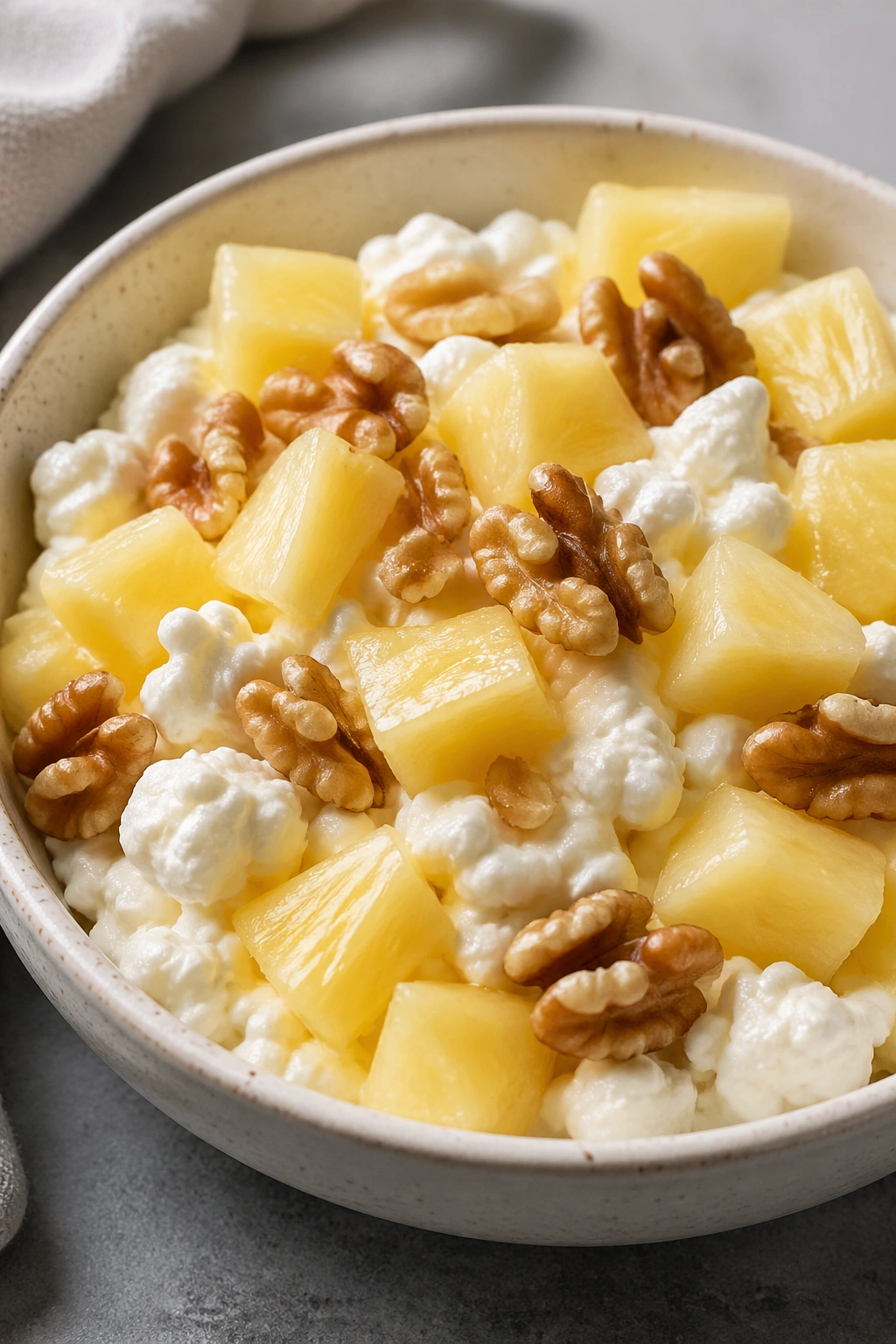Cottage cheese with pineapple and walnuts