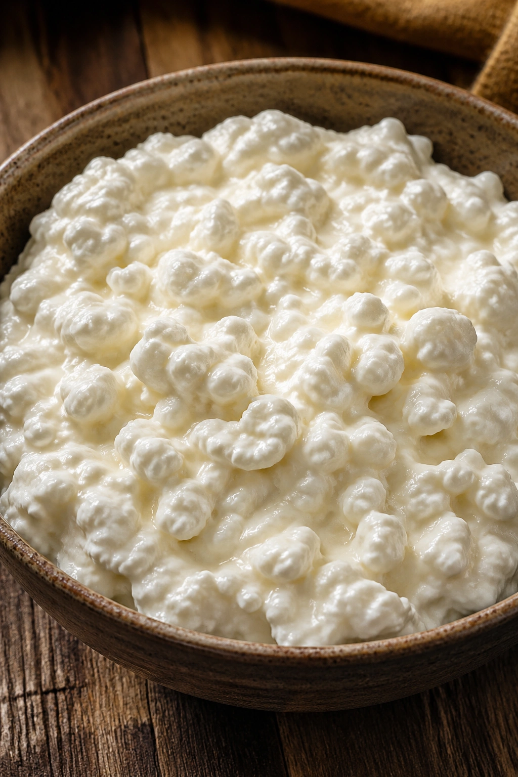 Bowl of cottage cheese on rustic table with warm kitchen lighting