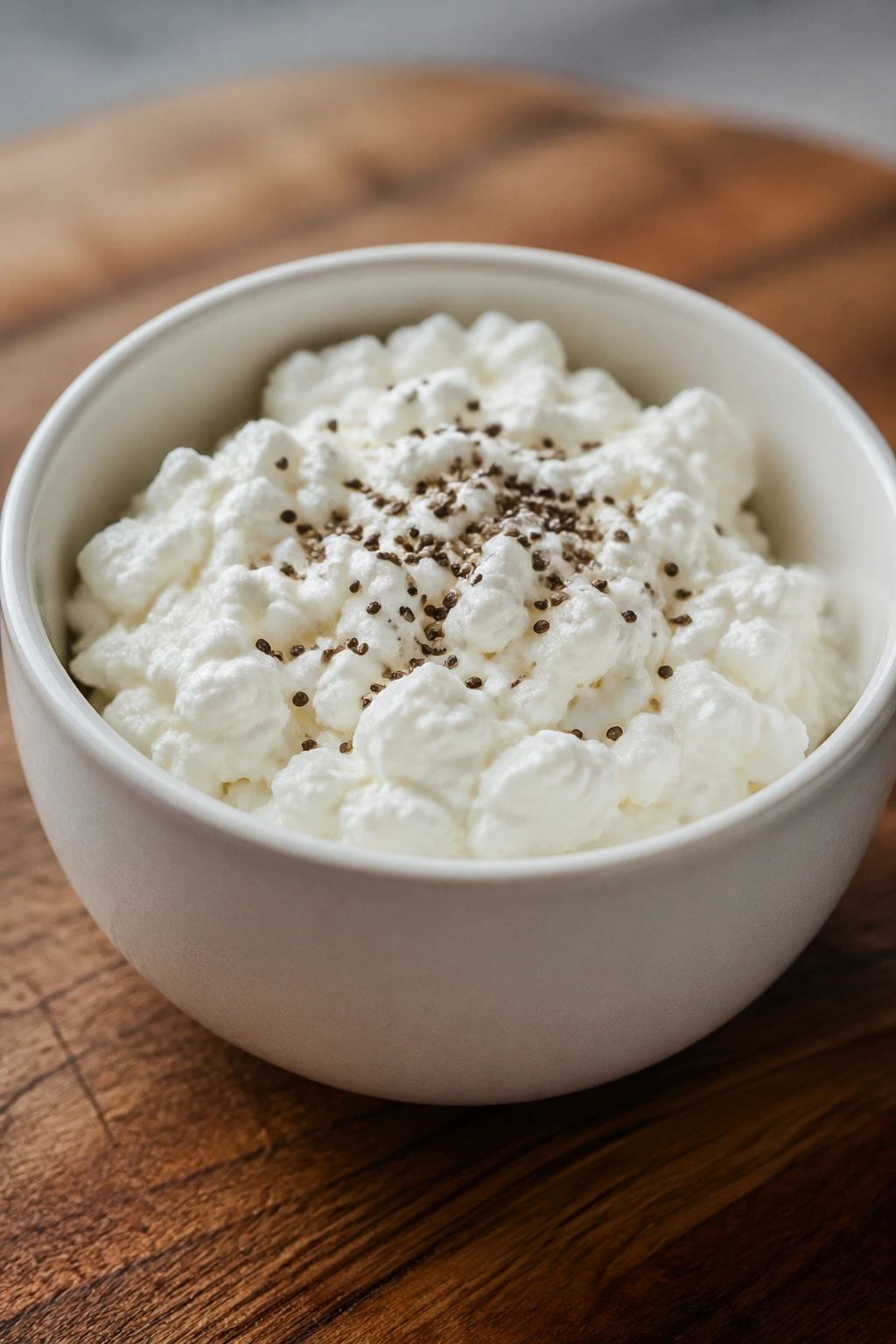 Close-up of cottage cheese with chia seeds in a bowl on a wooden surface.