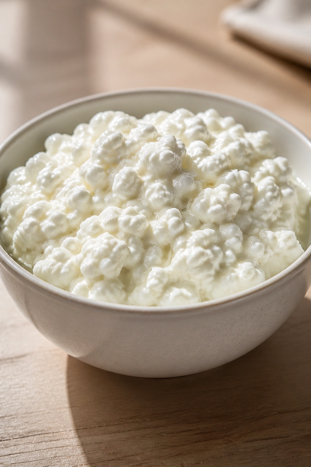 Cottage cheese in a white bowl on a wooden table