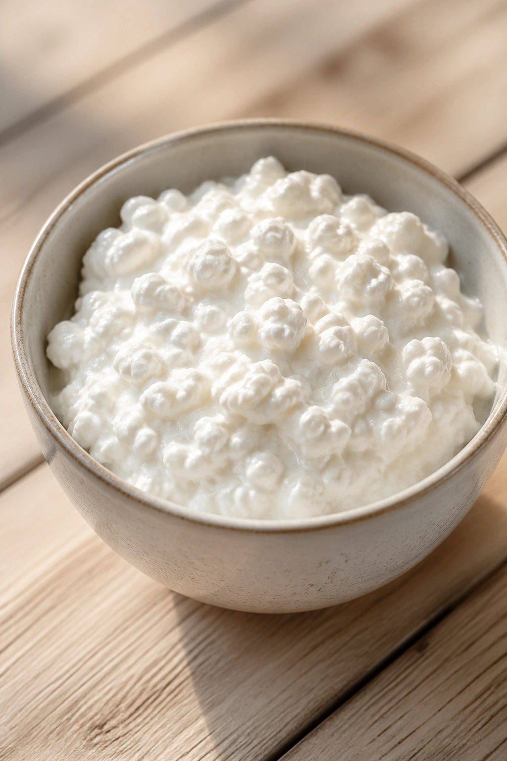 Cottage cheese in a small bowl with visible curds