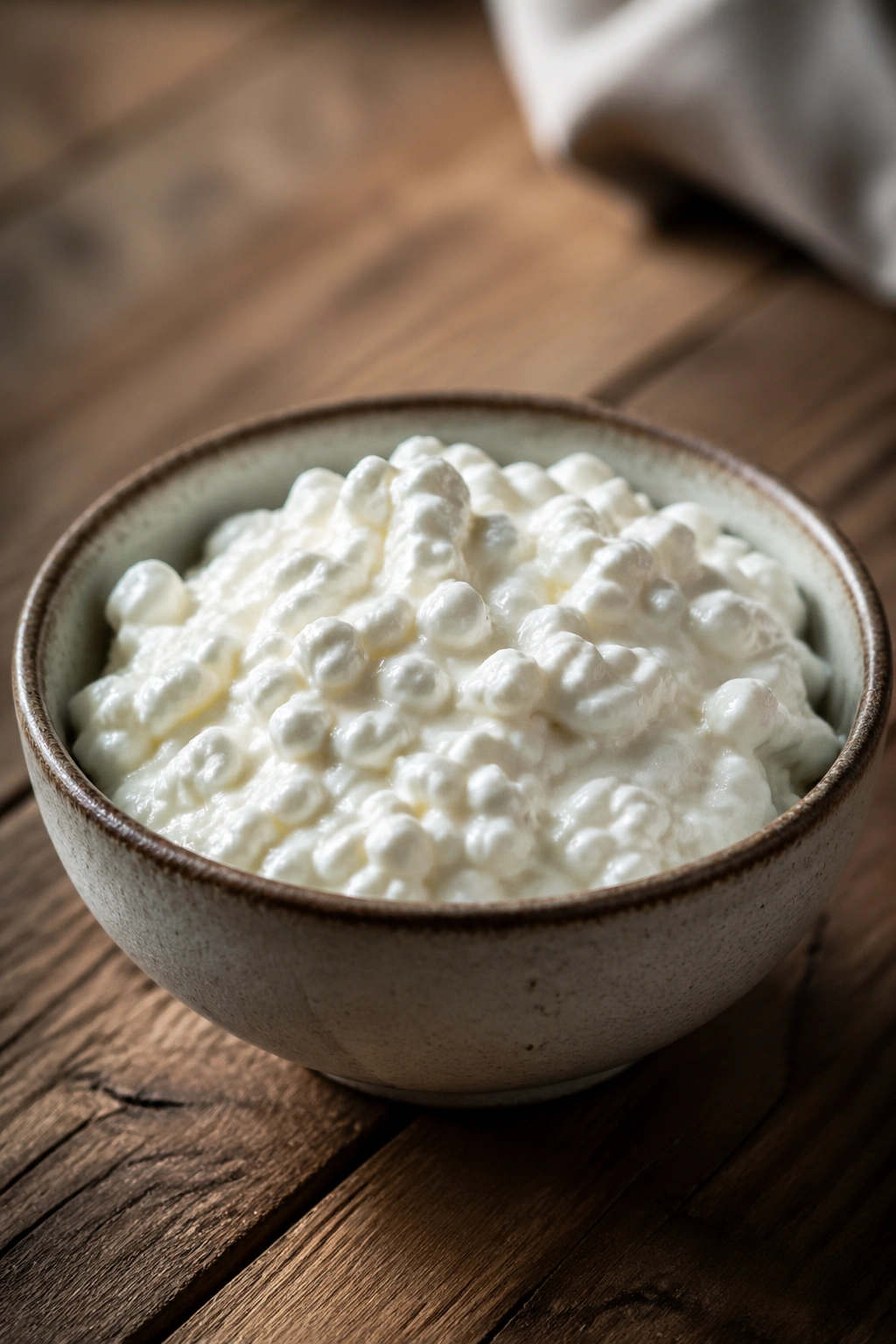 Close-up of cottage cheese in a bowl on a wooden counter