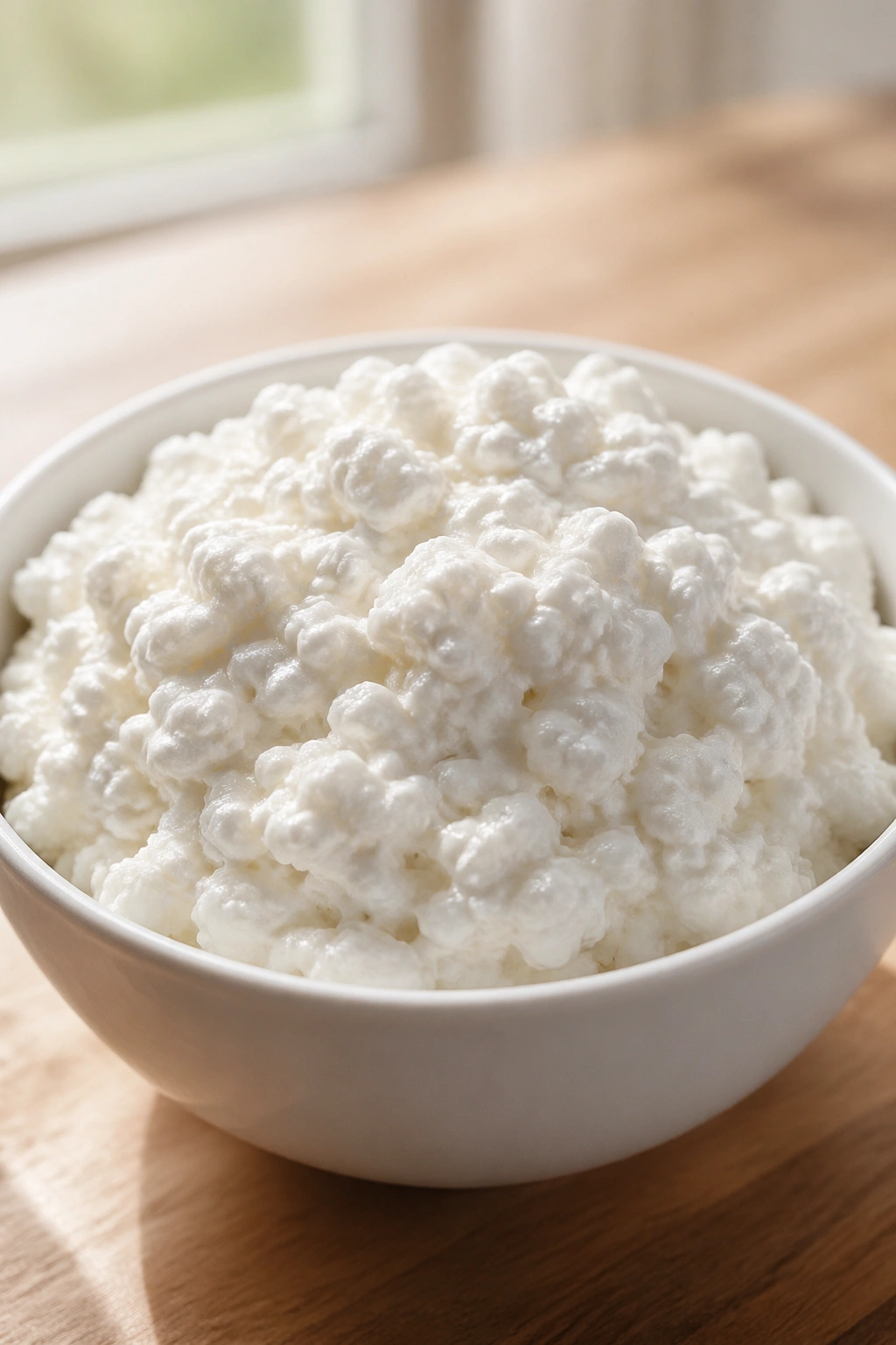 Close-up of cottage cheese in a bowl on a wooden counter with natural light
