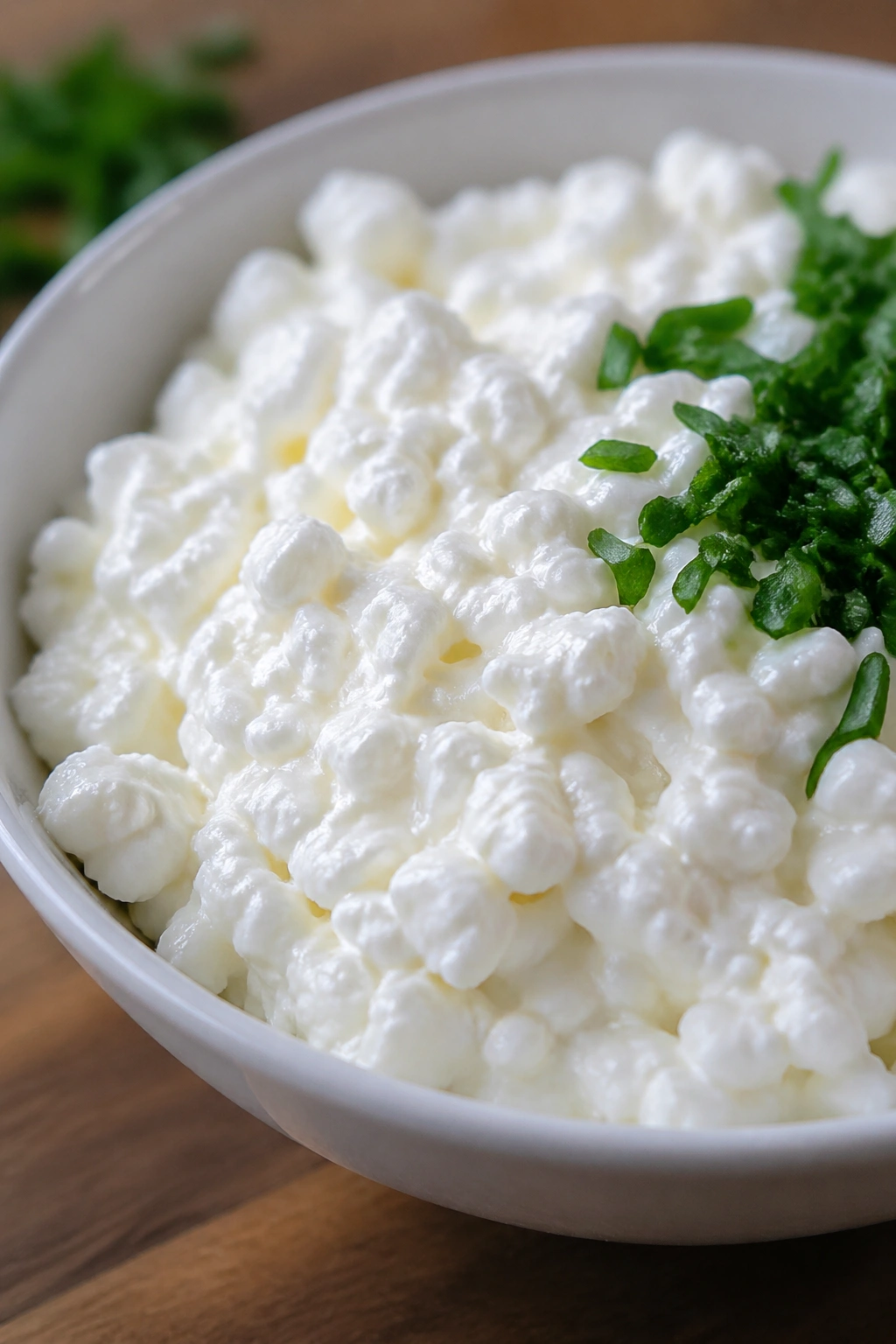 Close-up of plain cottage cheese in a bowl with herbs on a kitchen counter