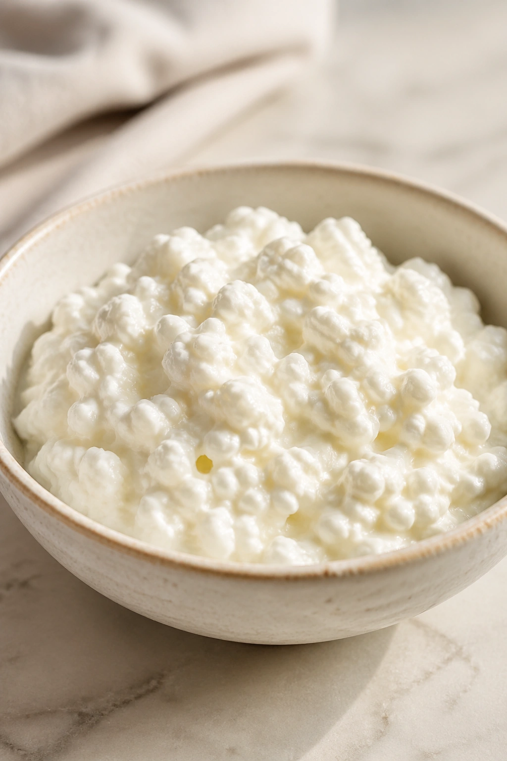 Close-up of plain cottage cheese in a bowl on a kitchen counter.