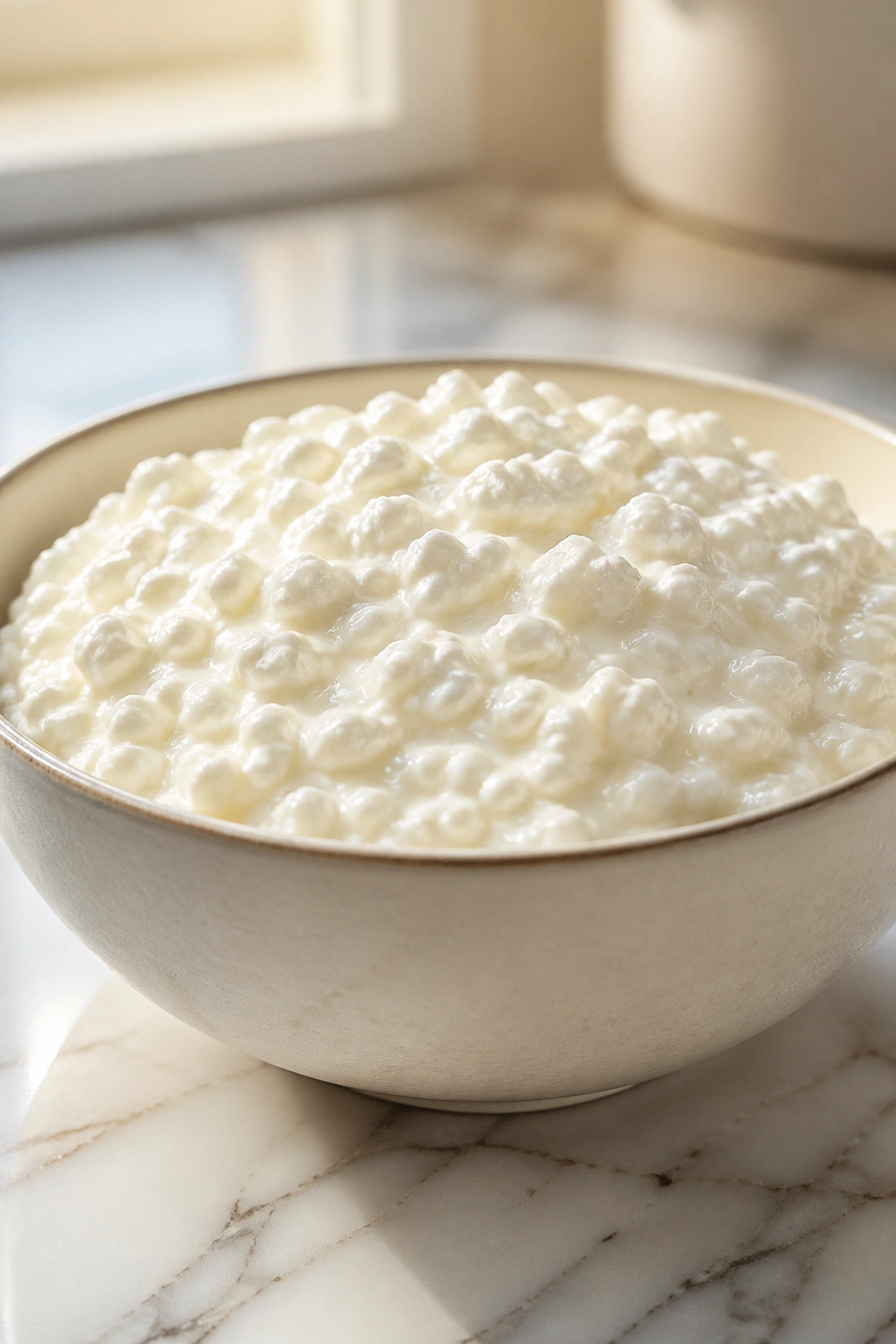 Close-up of cottage cheese in a bowl on marble counter, high protein snack