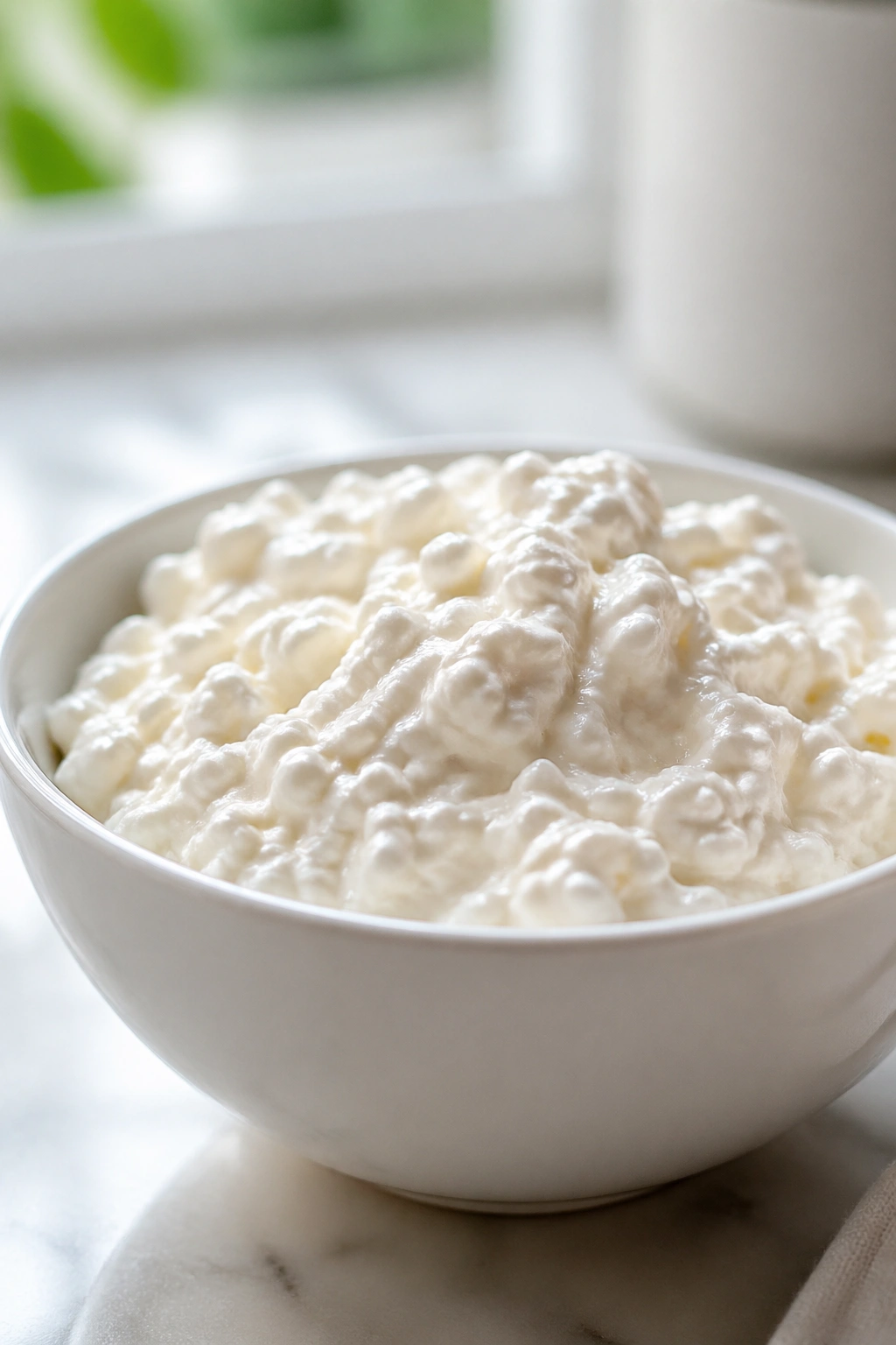 Bowl of cottage cheese close-up on kitchen counter