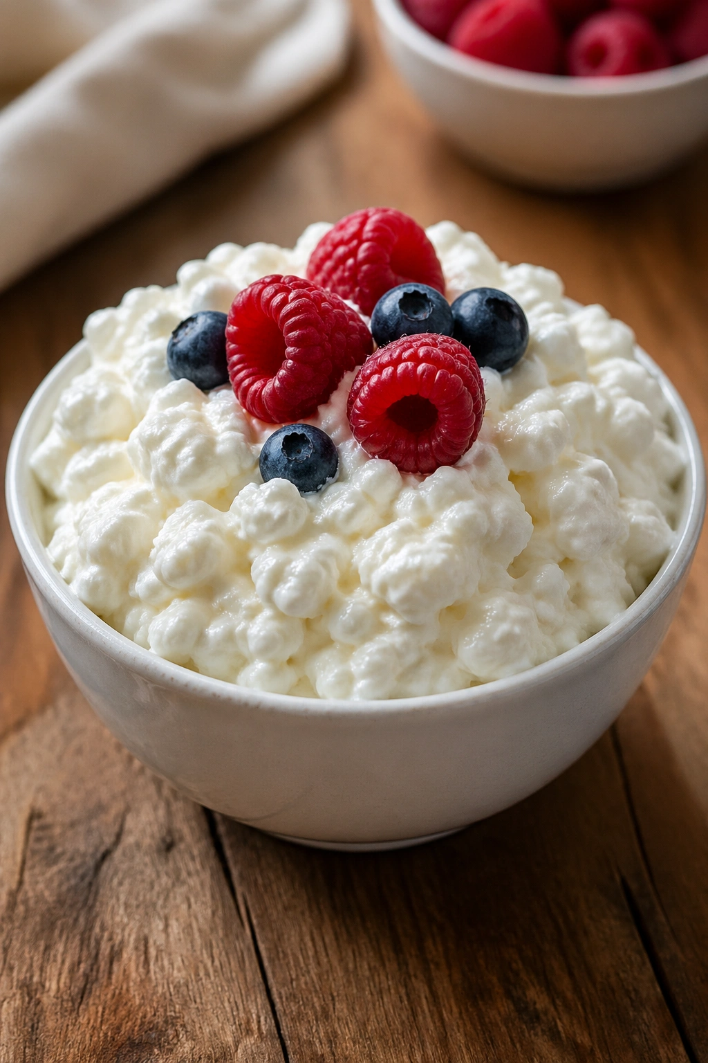 Close-up of cottage cheese with berries in a rustic kitchen, high-protein snack